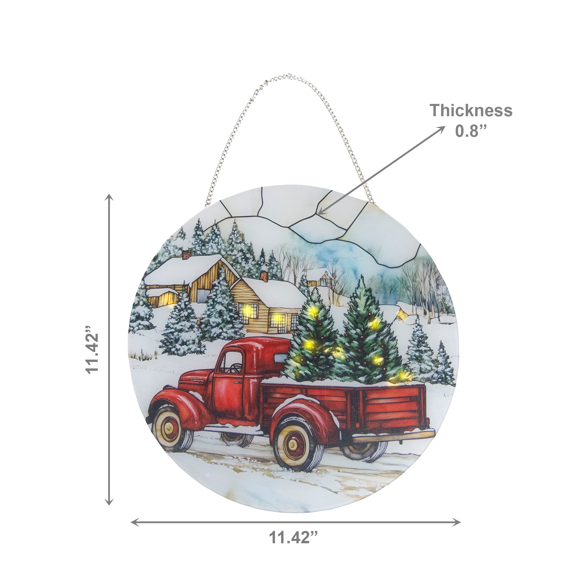 LED Round Acrylic Hanger Red Truck with Tree, Holiday Decor