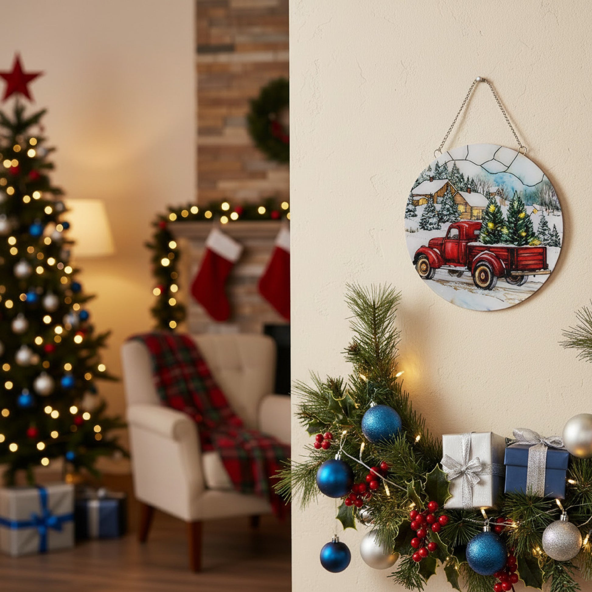 LED Round Acrylic Hanger Red Truck with Tree, Holiday Decor
