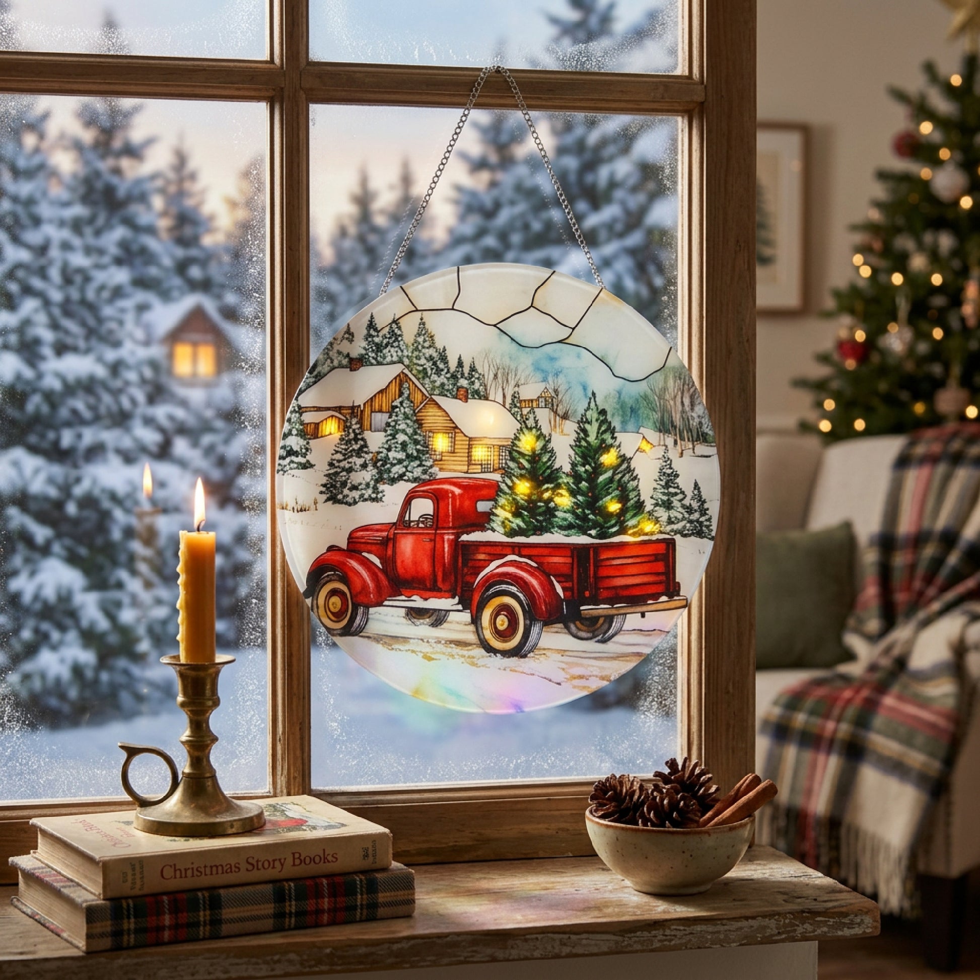 LED Round Acrylic Hanger Red Truck with Tree, Holiday Decor