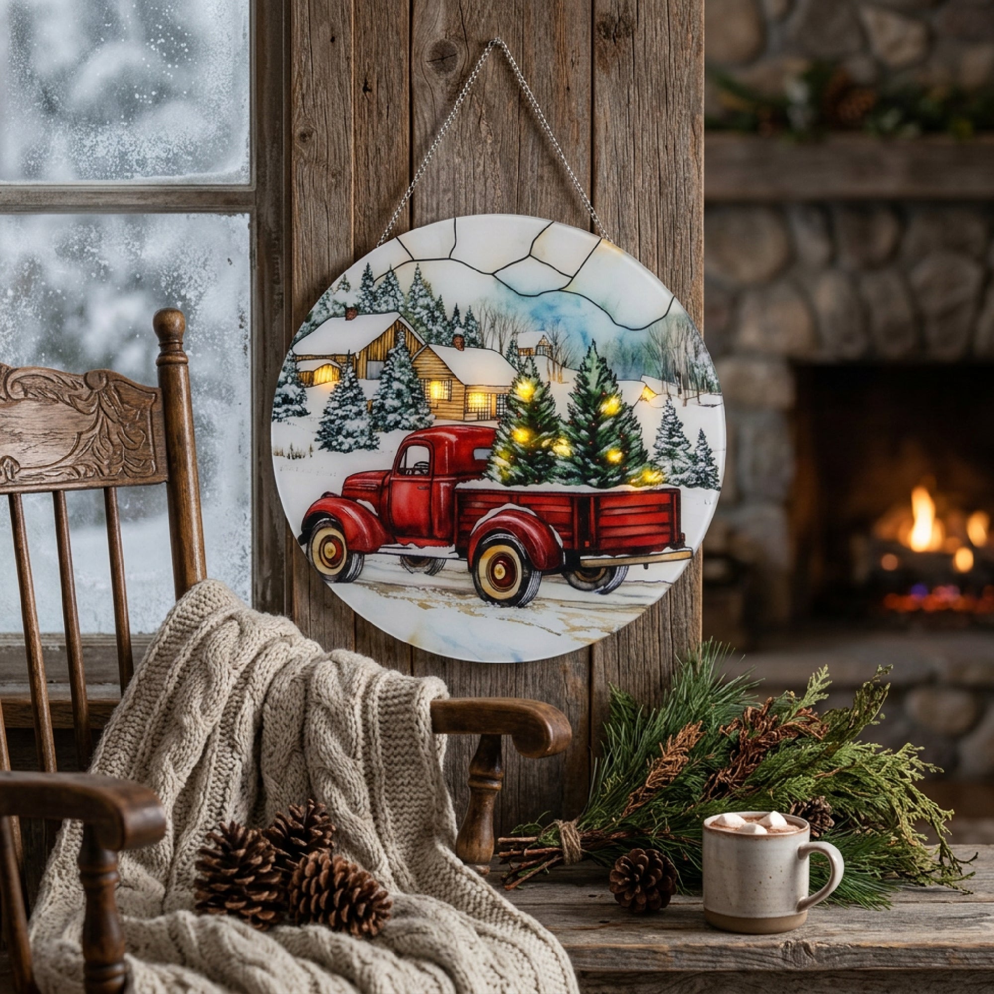 LED Round Acrylic Hanger Red Truck with Tree, Holiday Decor