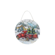 LED Round Acrylic Hanger Red Truck with Tree, Holiday Decor