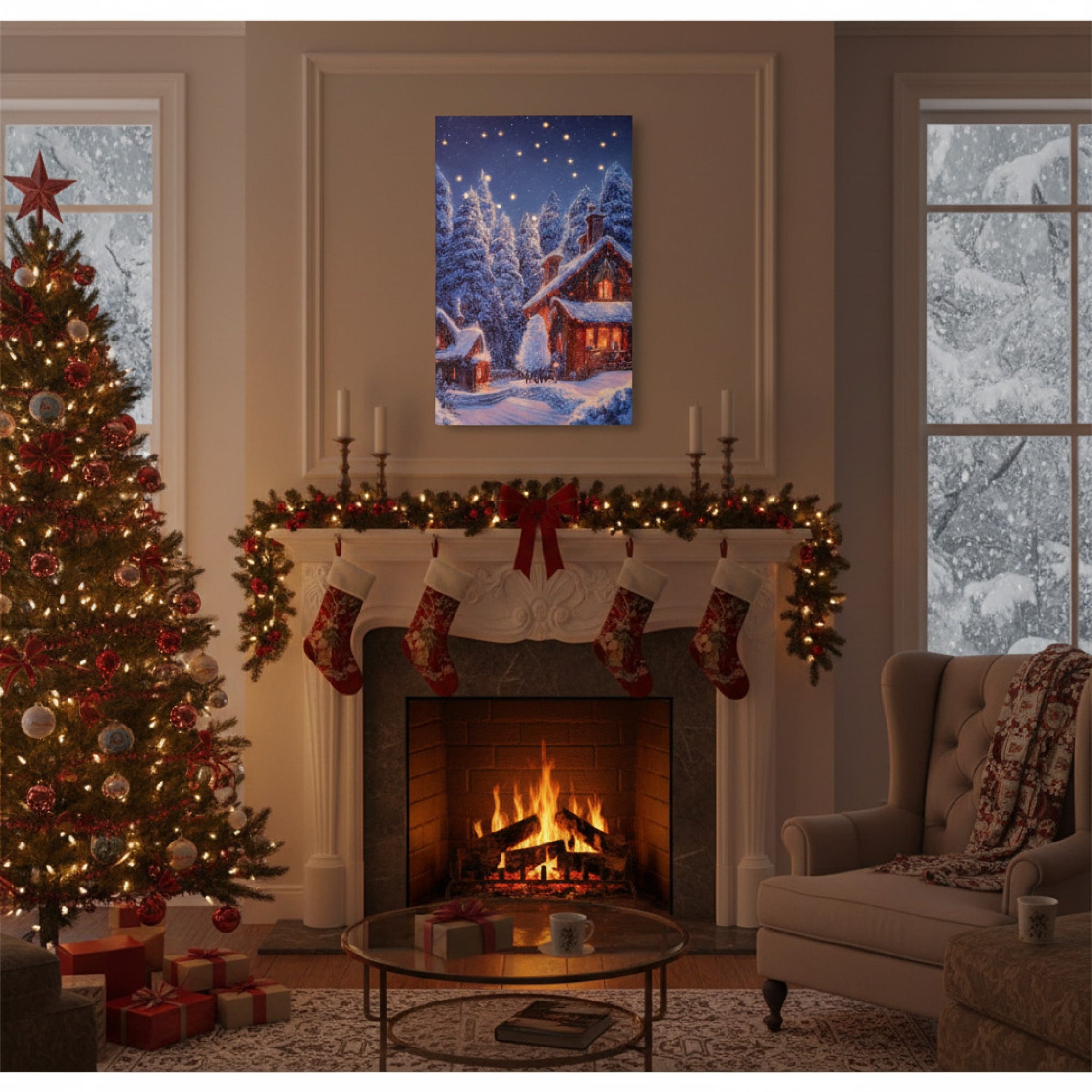 LED Canvas Wall Art Cottage in the Winter With Shooting Star, Winter, Wall Decor, Holiday Decor
