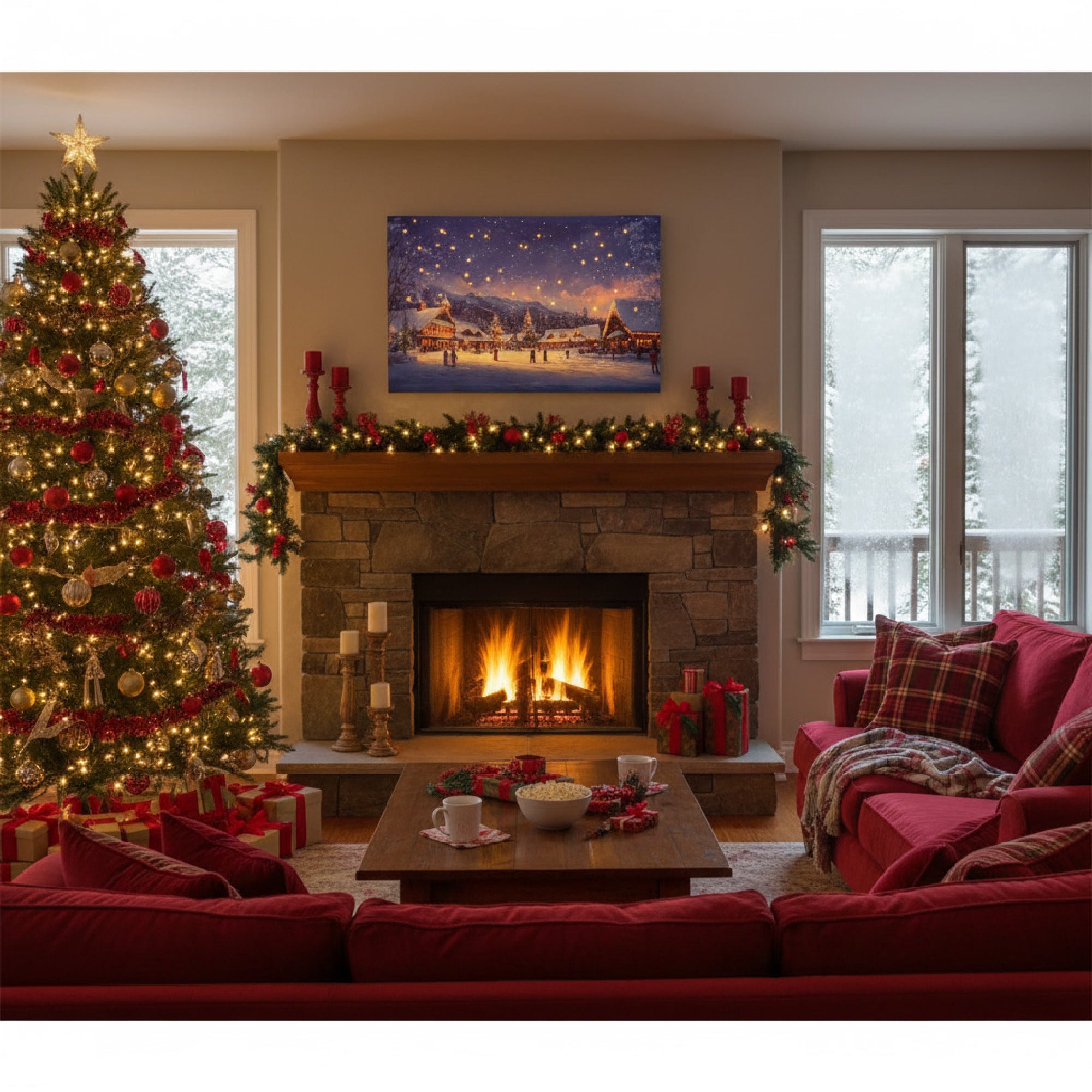 LED Canvas Wall Art Village Scene with Shooting Star, Wall Decor, Holiday Decor