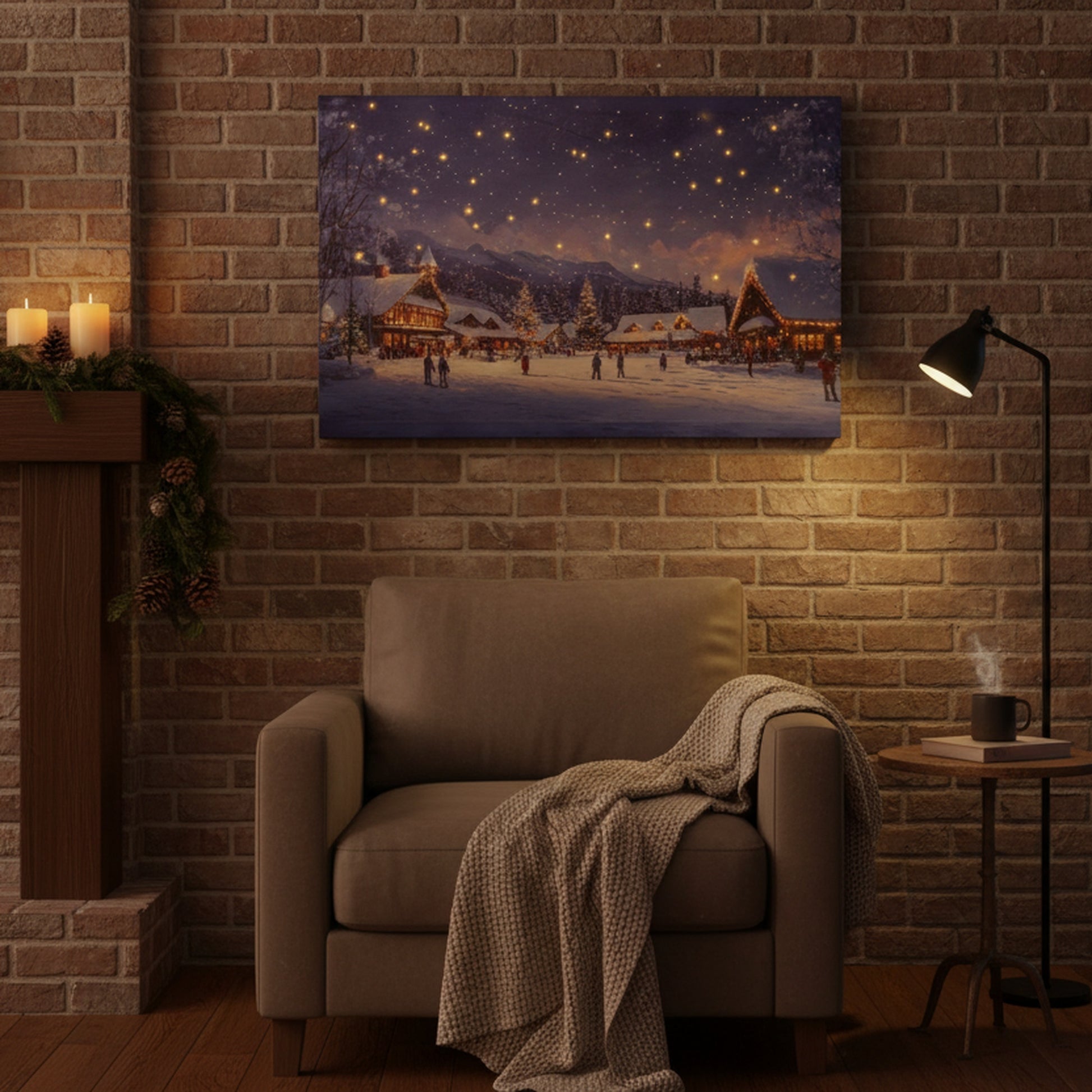 LED Canvas Wall Art Village Scene with Shooting Star, Wall Decor, Holiday Decor