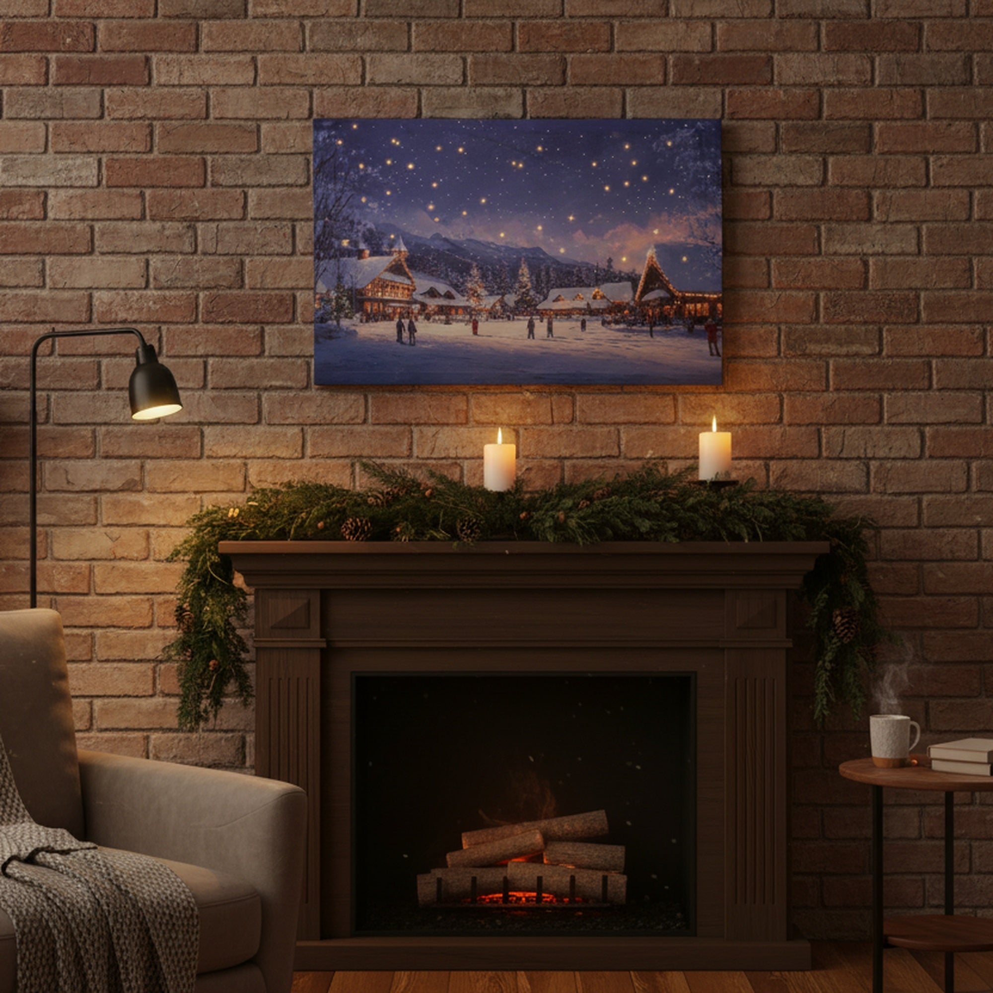 LED Canvas Wall Art Village Scene with Shooting Star, Wall Decor, Holiday Decor