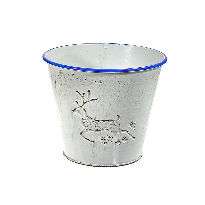 White Metal Round Planter with Embossed Reindeer – Set of 2, Holiday Indoor Planter