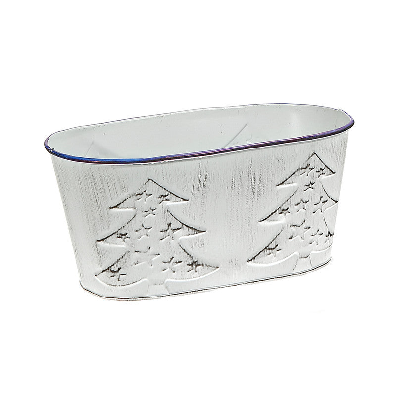 White Metal Oval Planter with Embossed Trees – Set of 2, Indoor/Outdoor Decor
