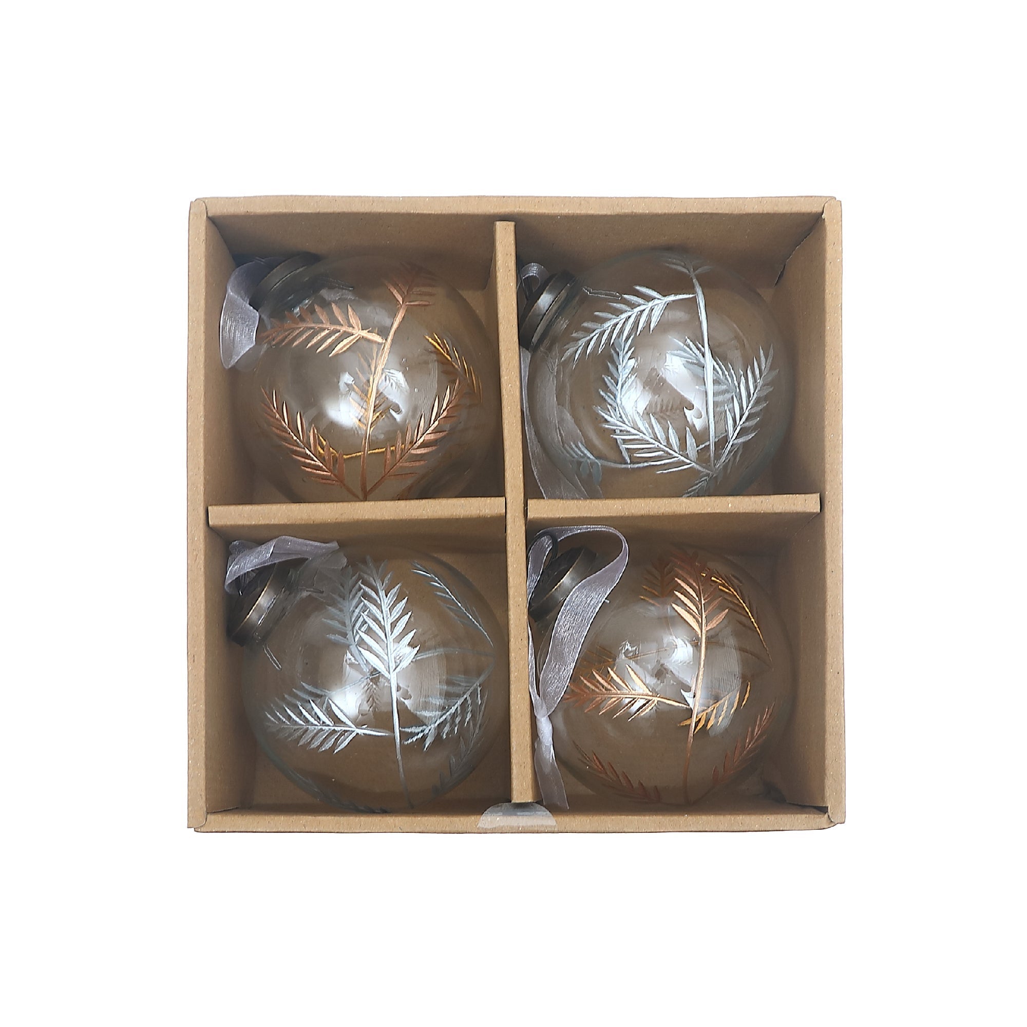 4 Inch Clear Glass Ornament With Leaf Etching Gold and Silver Christmas Tree Decor - Set of 4