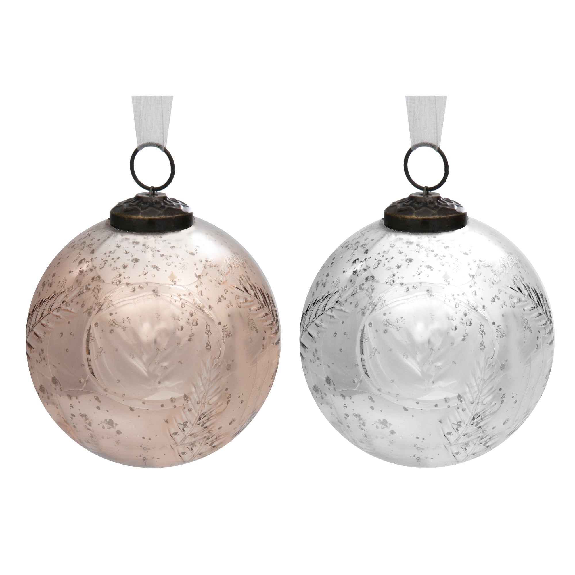 4 Inch Embossed Leaf Glass Christmas Ornament Bronze and Mercury Holiday Tree Decorations - Set of 4