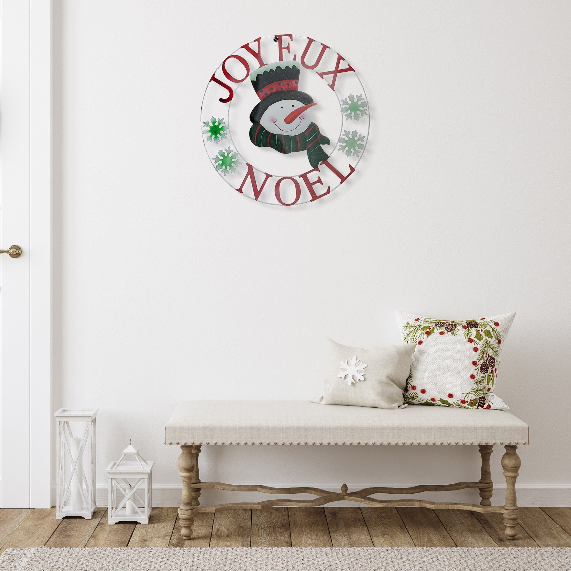 24-Inch Metal Snowman Wheel Decor – Joyeux Noel Holiday Wall Decoration, Christmas Indoor/Outdoor Decor, Festive Seasonal Accent