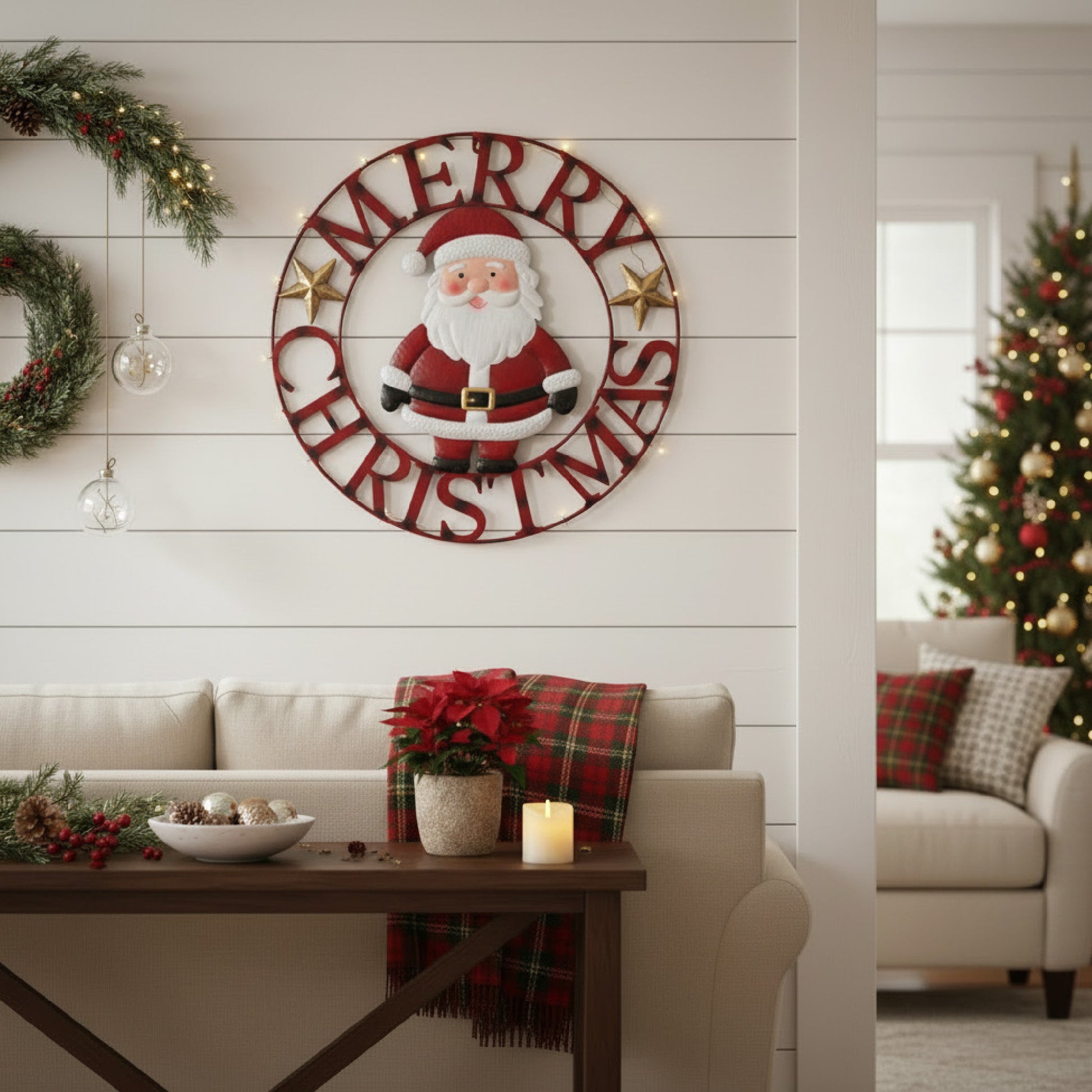 24" Metal Wheel Decor Santa Merry Christmas, Christmas, Holiday Decor