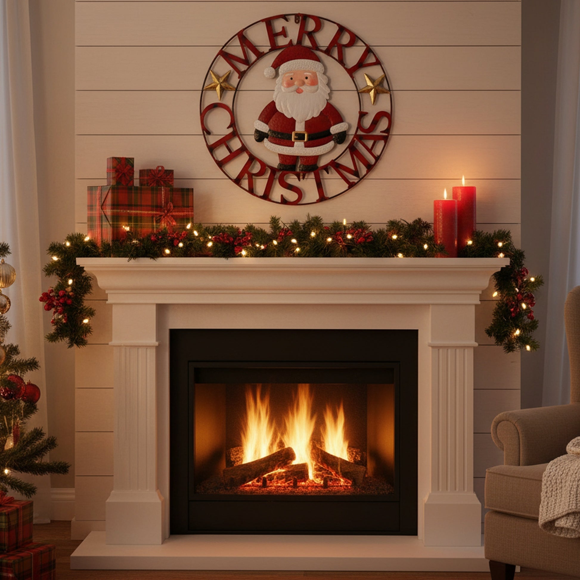 24" Metal Wheel Decor Santa Merry Christmas, Christmas, Holiday Decor