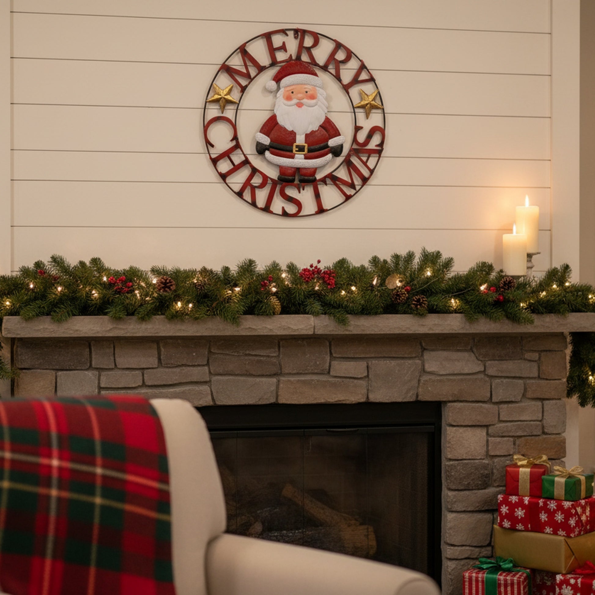 24" Metal Wheel Decor Santa Merry Christmas, Christmas, Holiday Decor