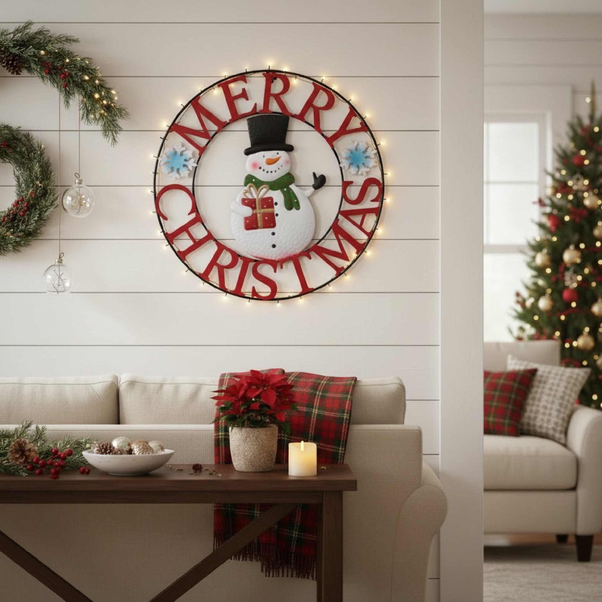 24" Metal Wheel Decor Snowman Merry Christmas, Christmas, Holiday Decor