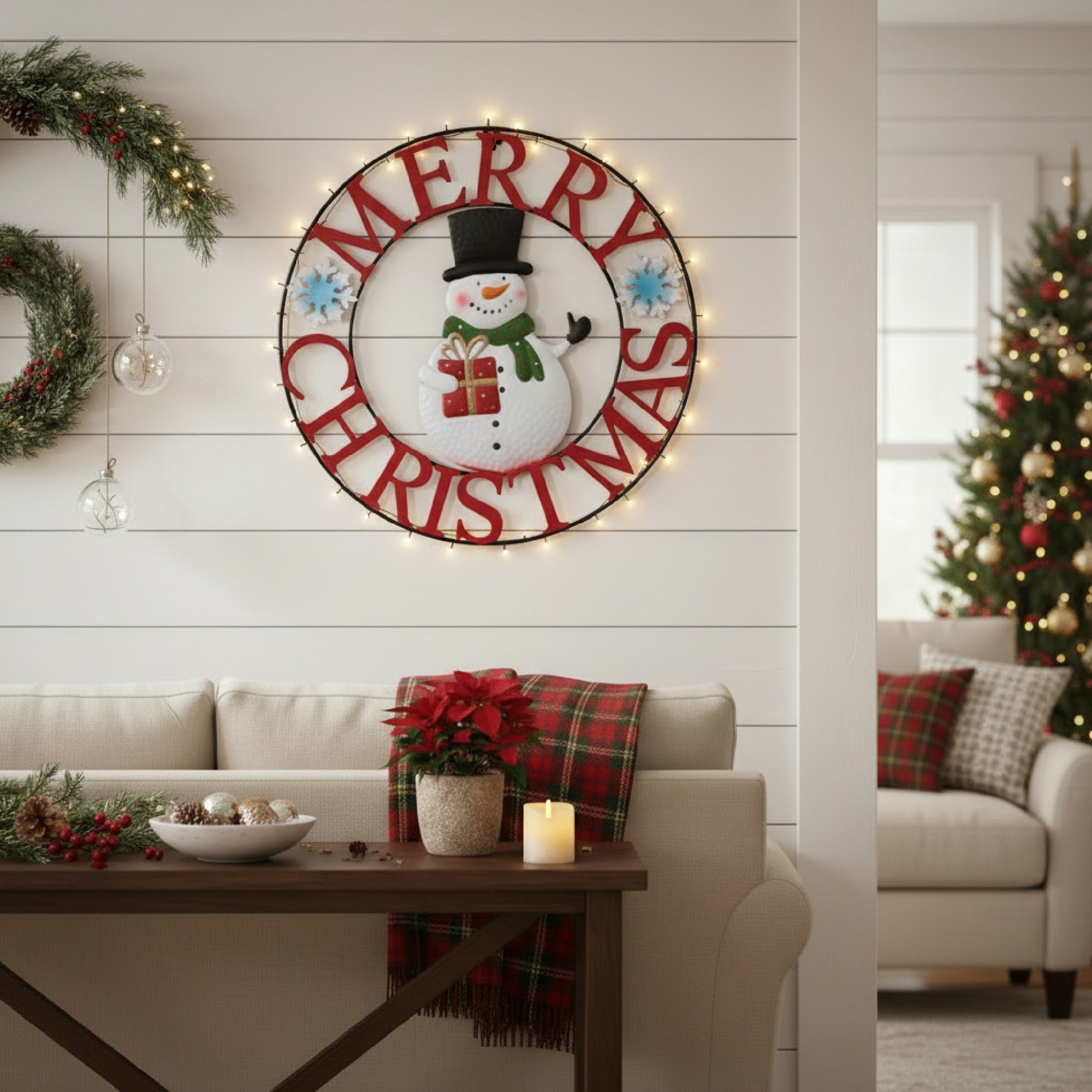 24" Metal Wheel Decor Snowman Merry Christmas, Christmas, Holiday Decor