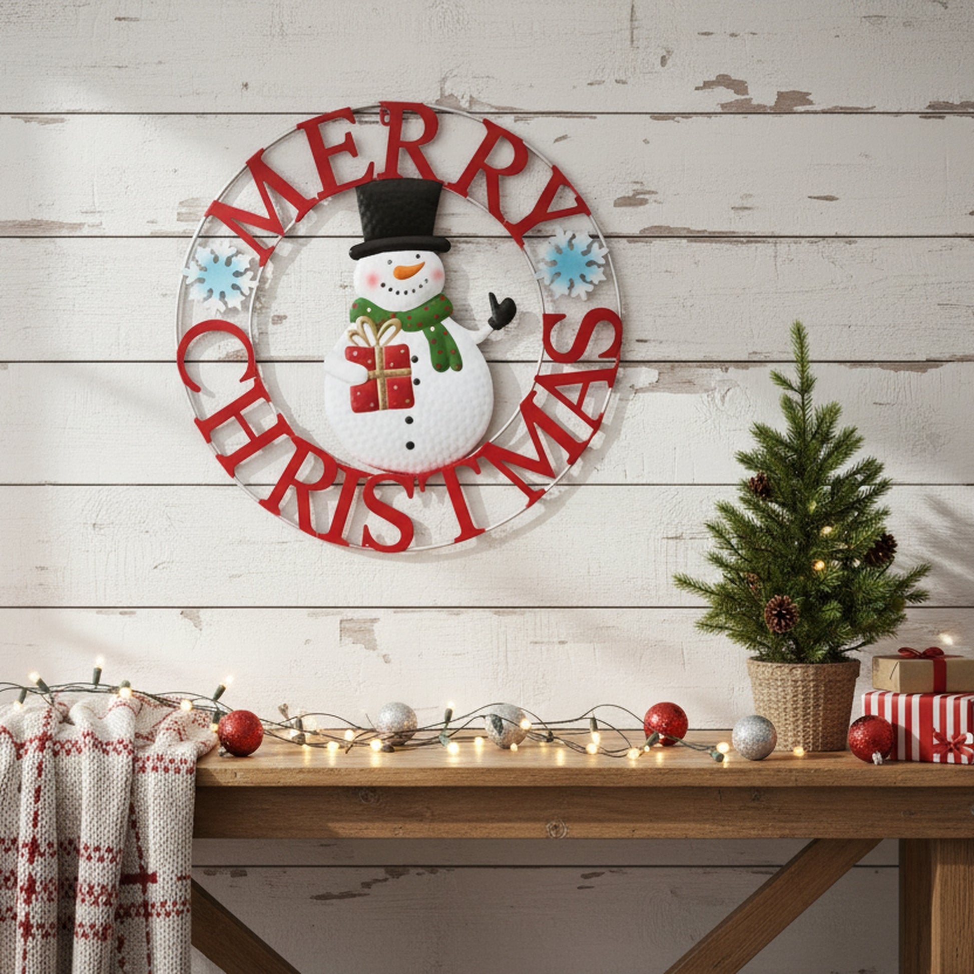 24" Metal Wheel Decor Snowman Merry Christmas, Christmas, Holiday Decor