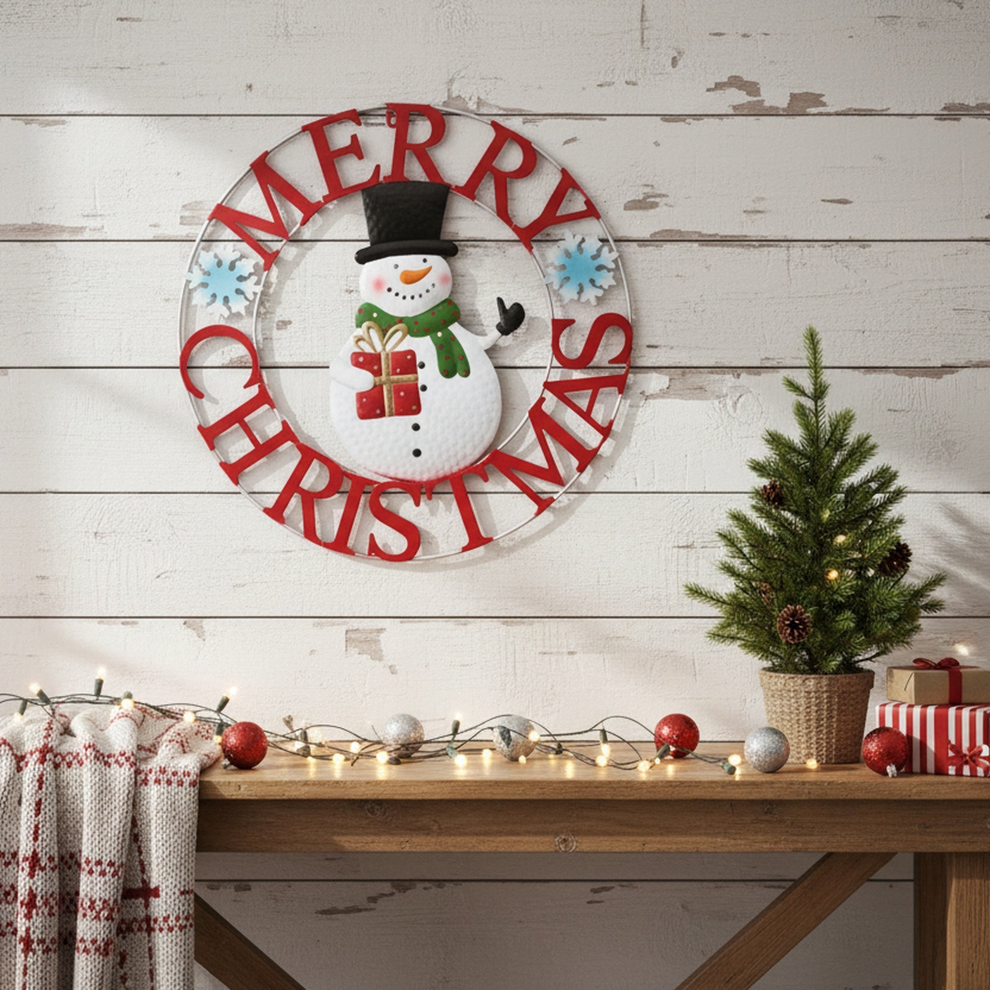 24" Metal Wheel Decor Snowman Merry Christmas, Christmas, Holiday Decor