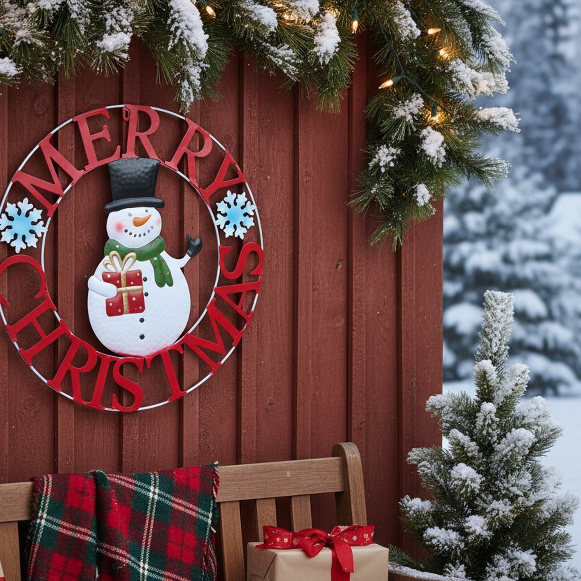 24" Metal Wheel Decor Snowman Merry Christmas, Christmas, Holiday Decor