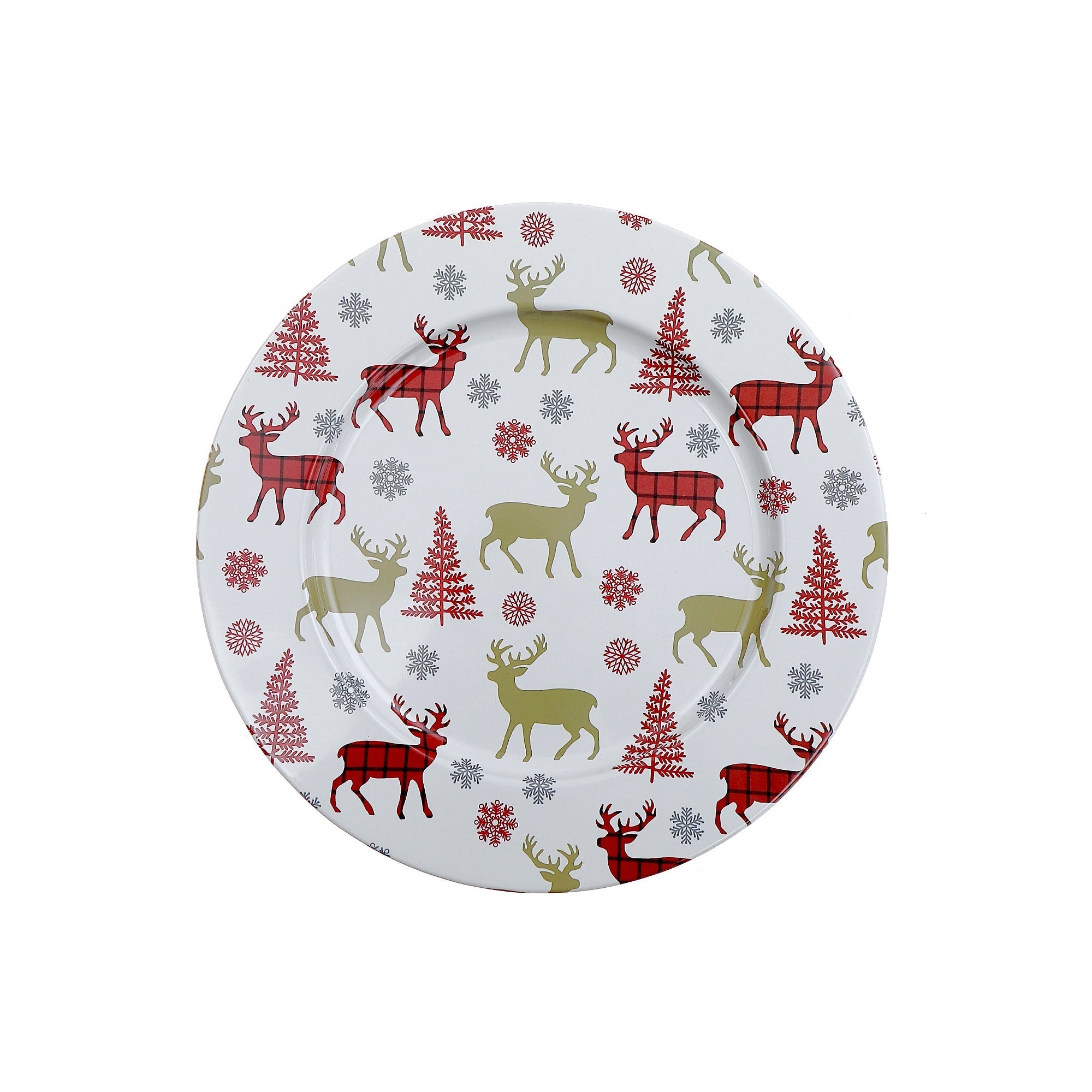 Printed Metal Charger Plate Set of 12 Tree & Deer 13" – Holiday Tableware, Christmas Dinnerware