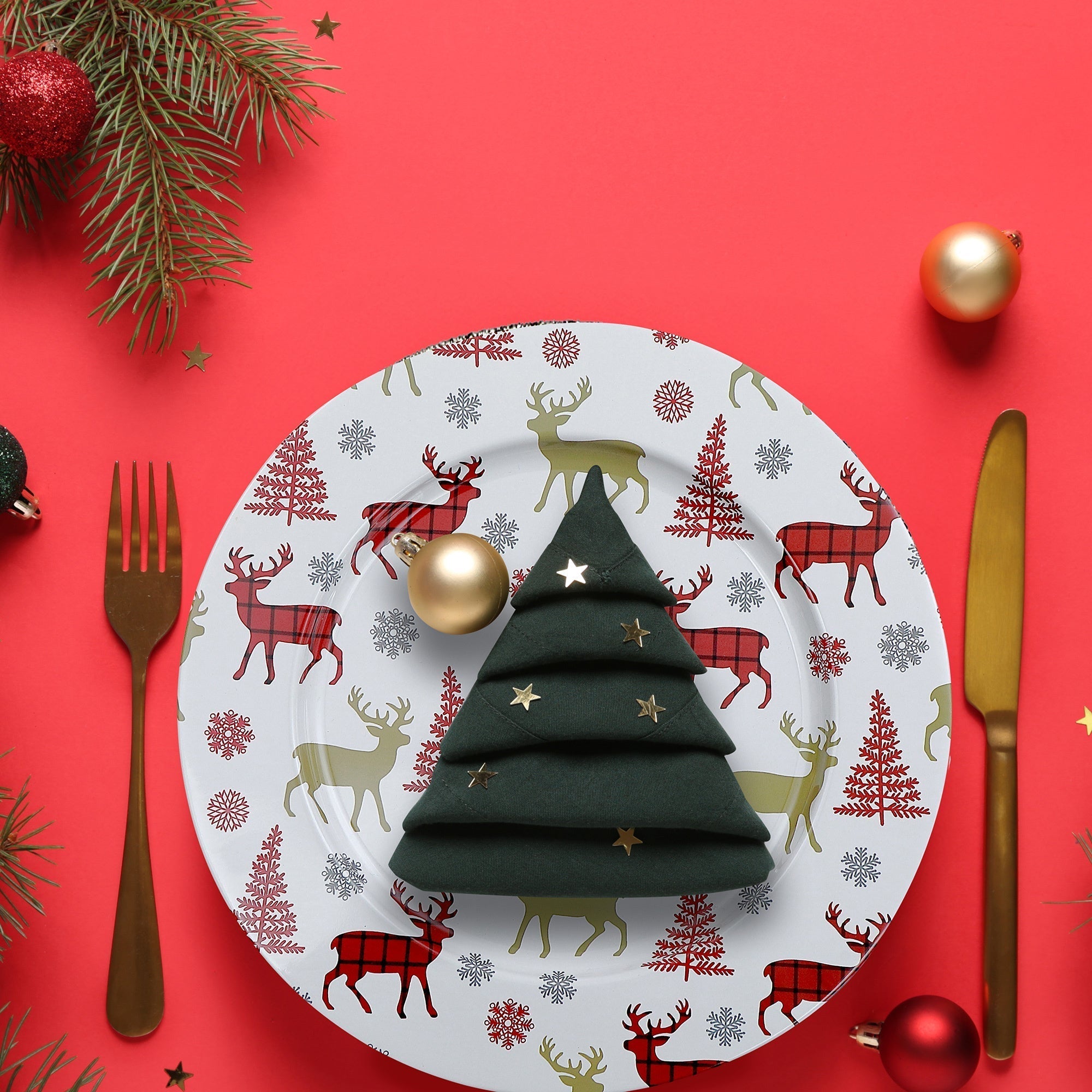 Printed Metal Charger Plate Set of 12 Tree & Deer 13" – Holiday Tableware, Christmas Dinnerware