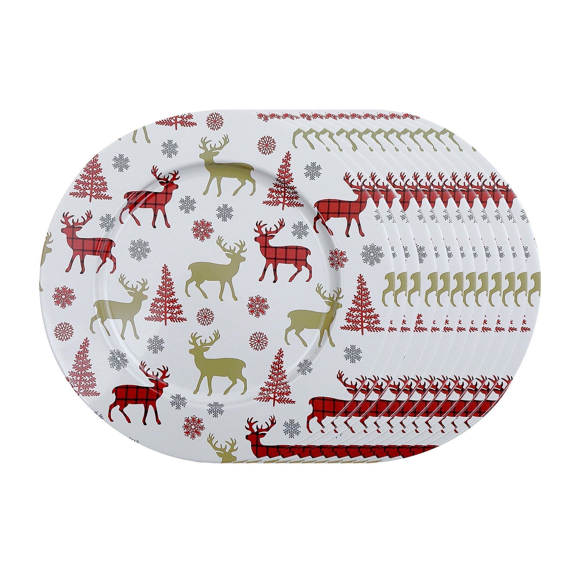 Printed Metal Charger Plate Set of 12 Tree & Deer 13" – Holiday Tableware, Christmas Dinnerware