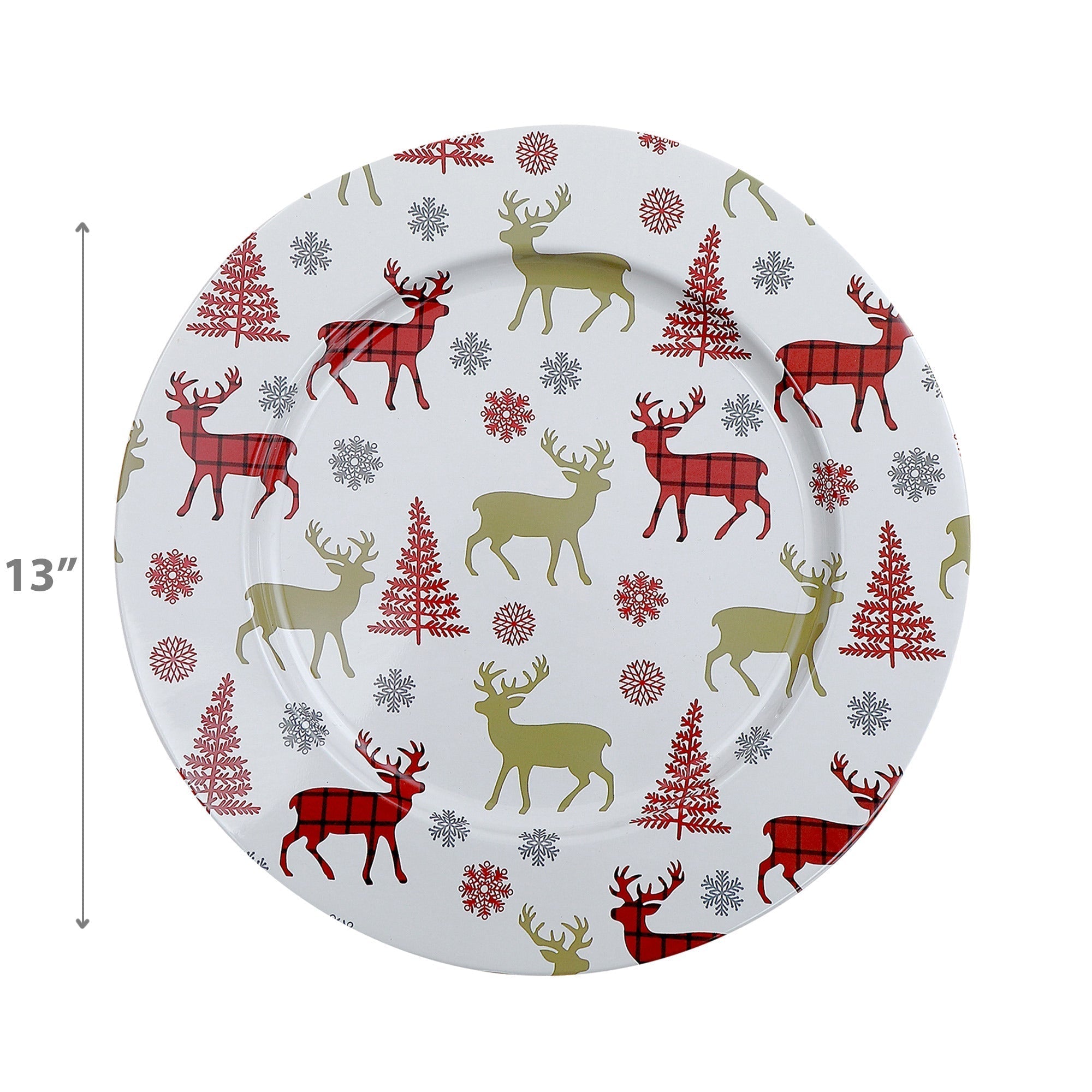 Printed Metal Charger Plate Set of 12 Tree & Deer 13" – Holiday Tableware, Christmas Dinnerware