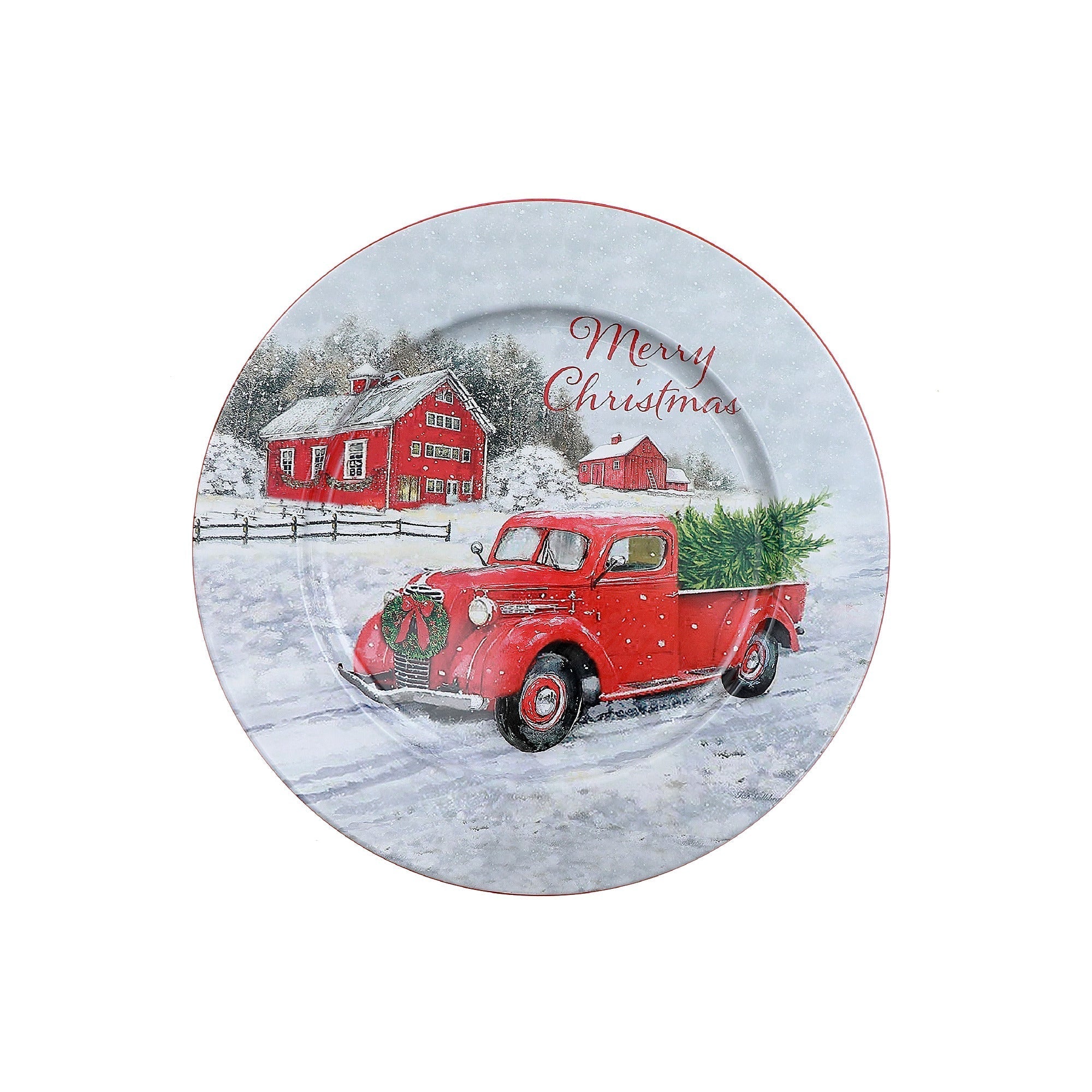 Printed Metal Charger Plate Set of 12 Red Truck 13" – Christmas Tableware, Holiday Dinner Plates
