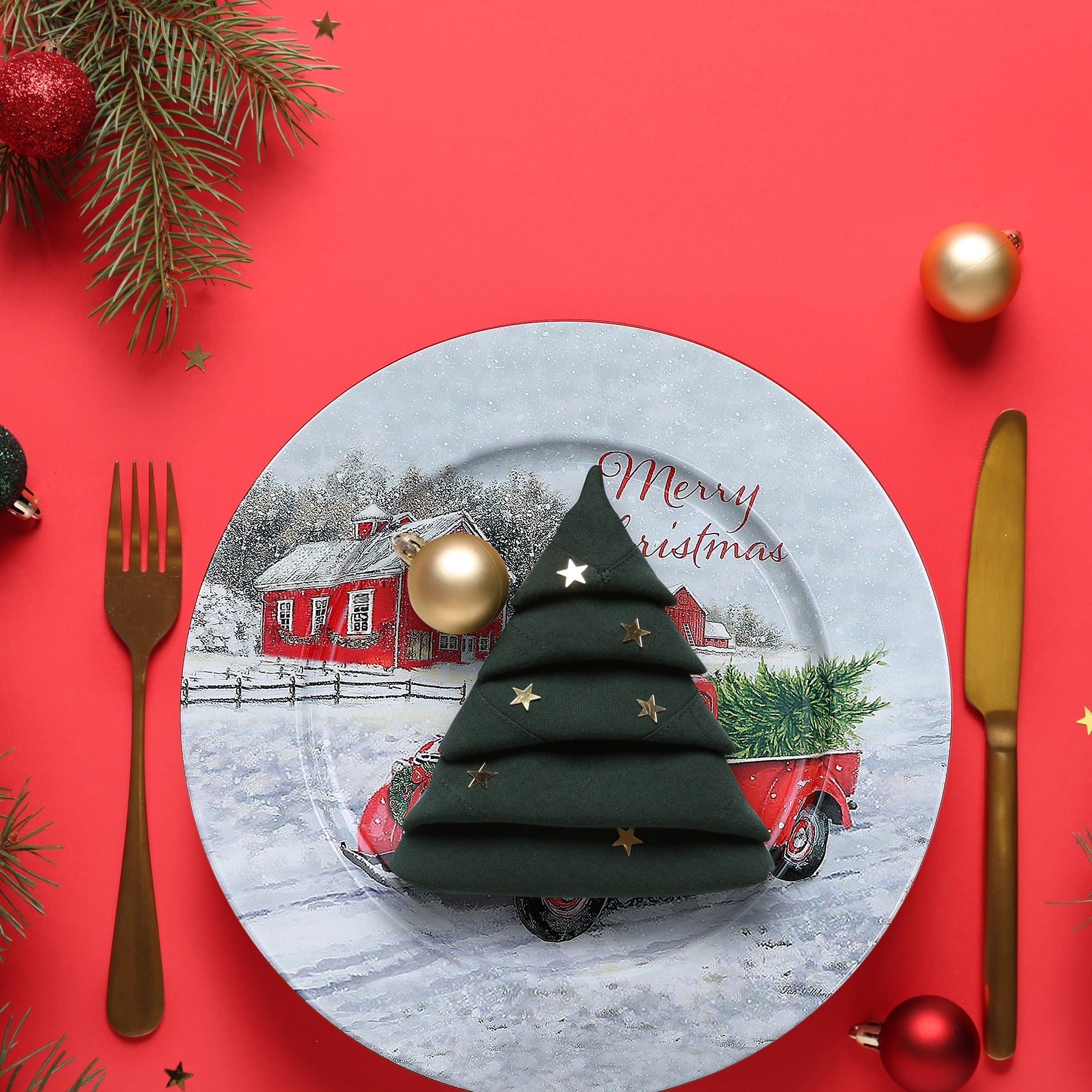 Printed Metal Charger Plate Set of 12 Red Truck 13" – Christmas Tableware, Holiday Dinner Plates