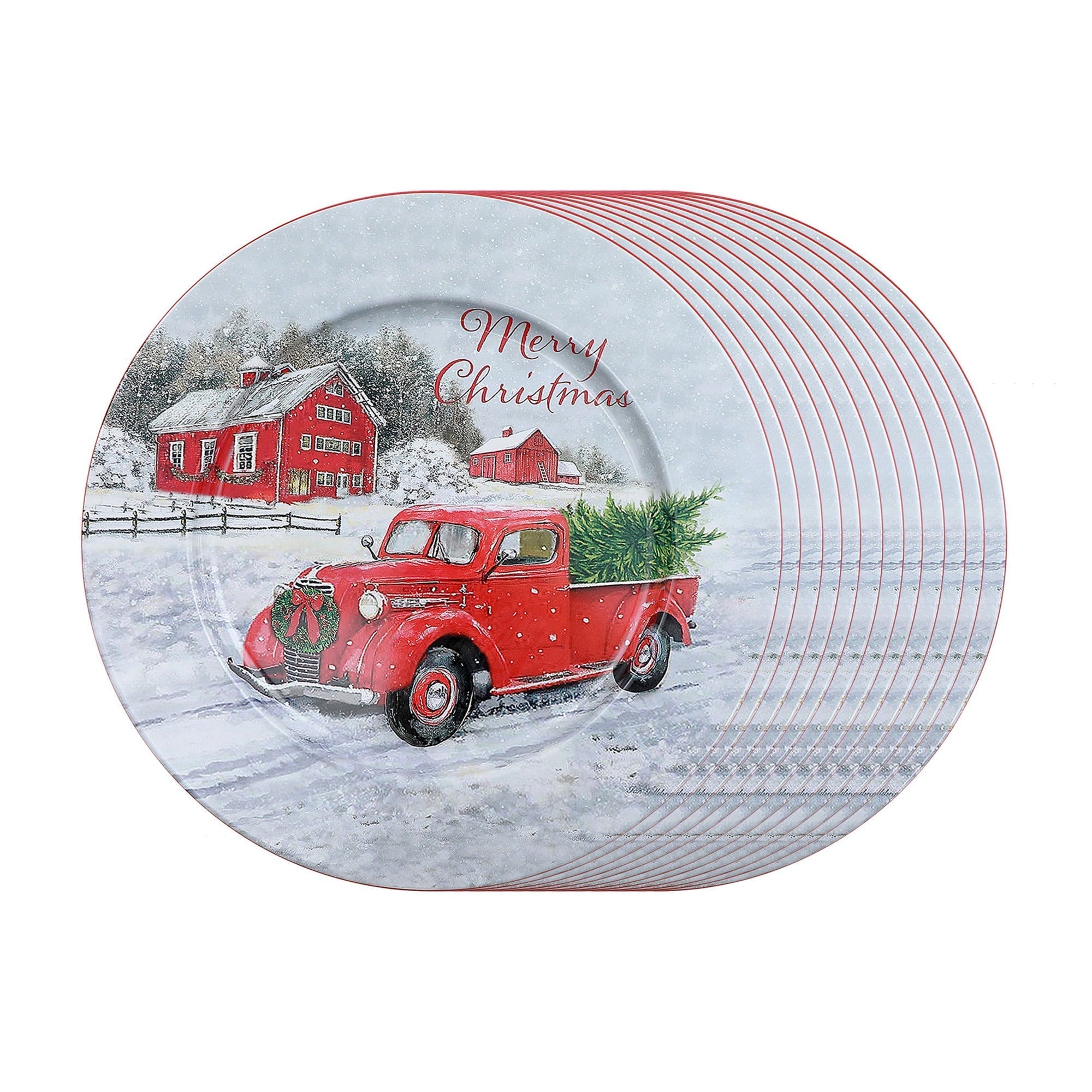 Printed Metal Charger Plate Set of 12 Red Truck 13" – Christmas Tableware, Holiday Dinner Plates