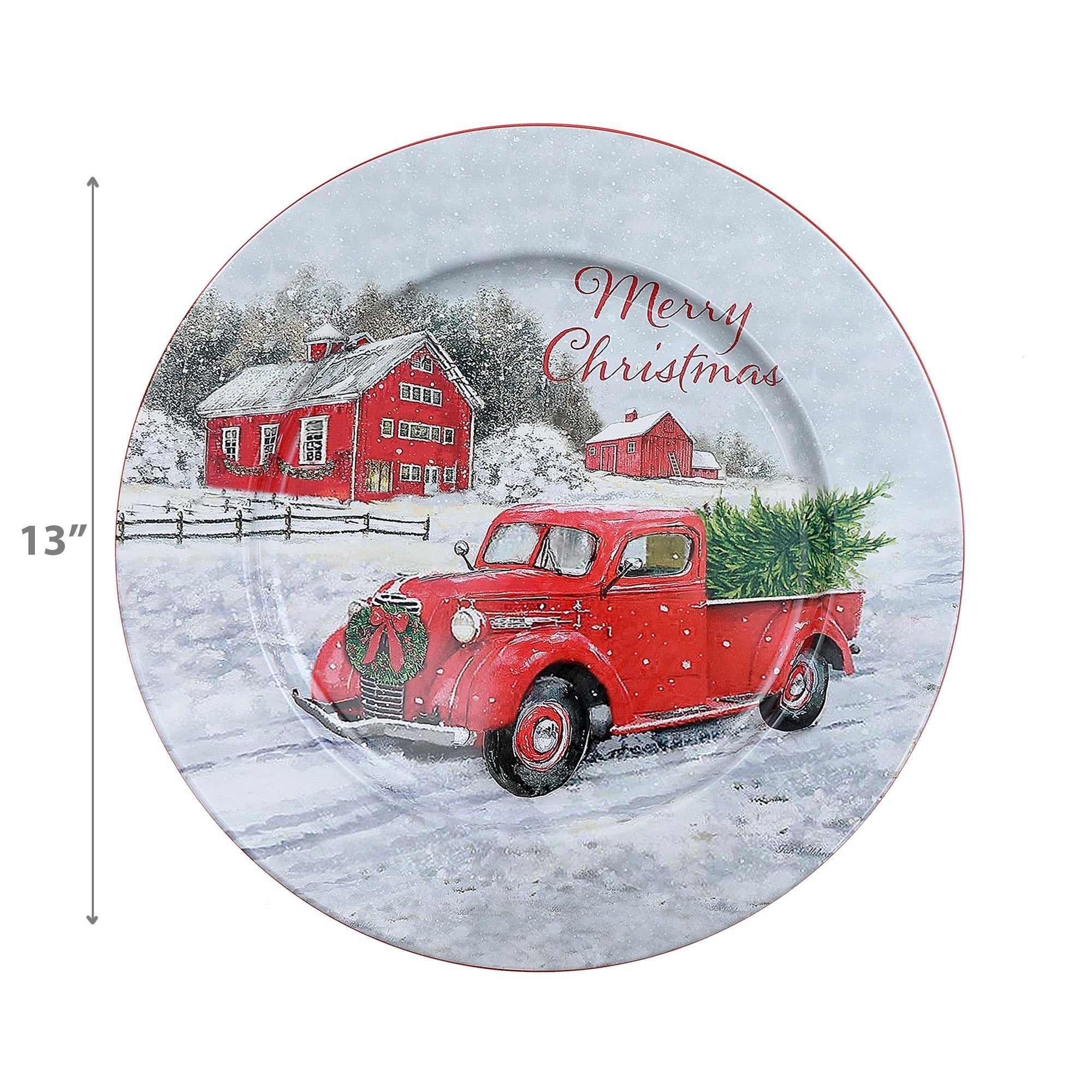 Printed Metal Charger Plate Set of 12 Red Truck 13" – Christmas Tableware, Holiday Dinner Plates