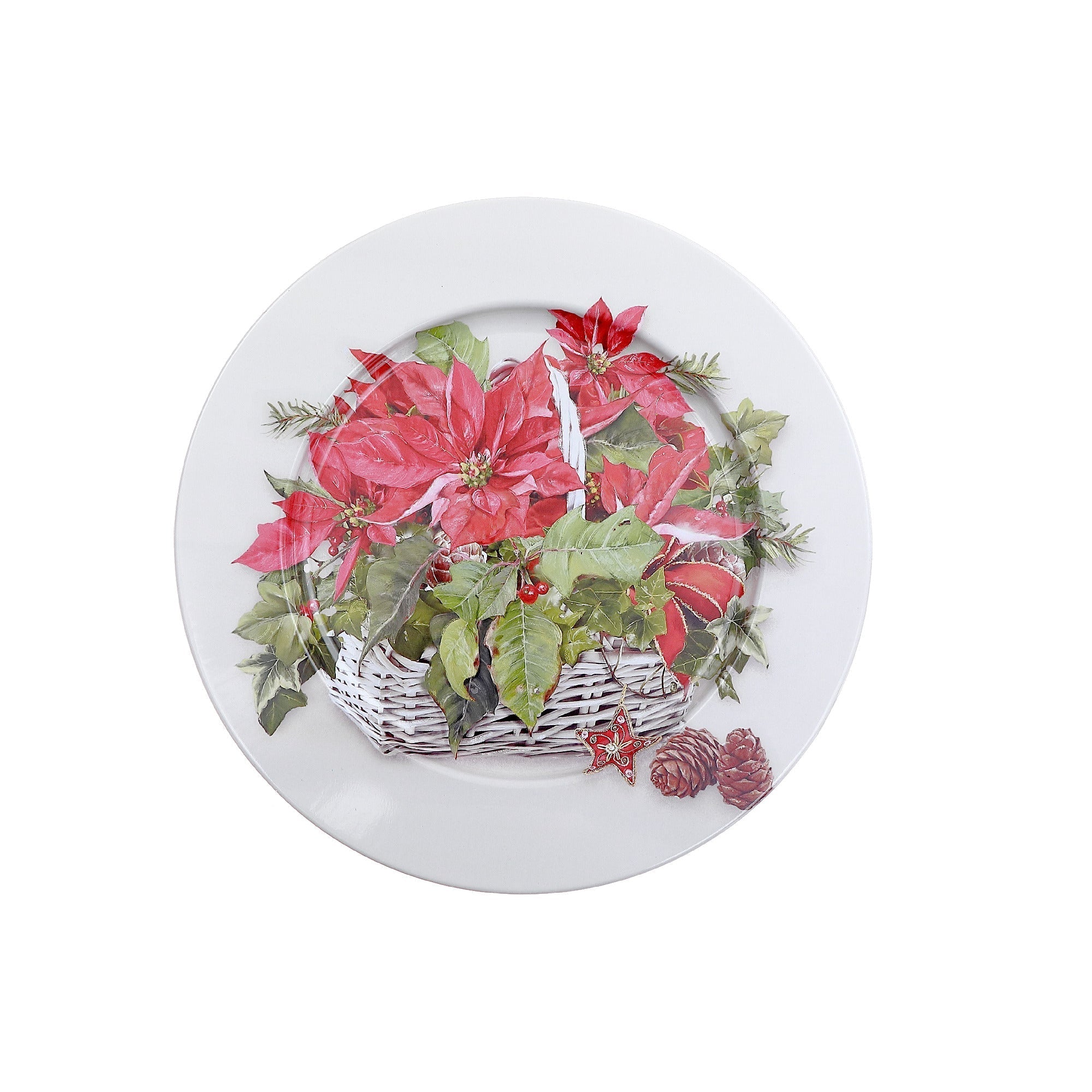 Printed Metal Charger Plate Set of 12 Poinsettia 13" – Christmas Tableware, Holiday Dinner Plates