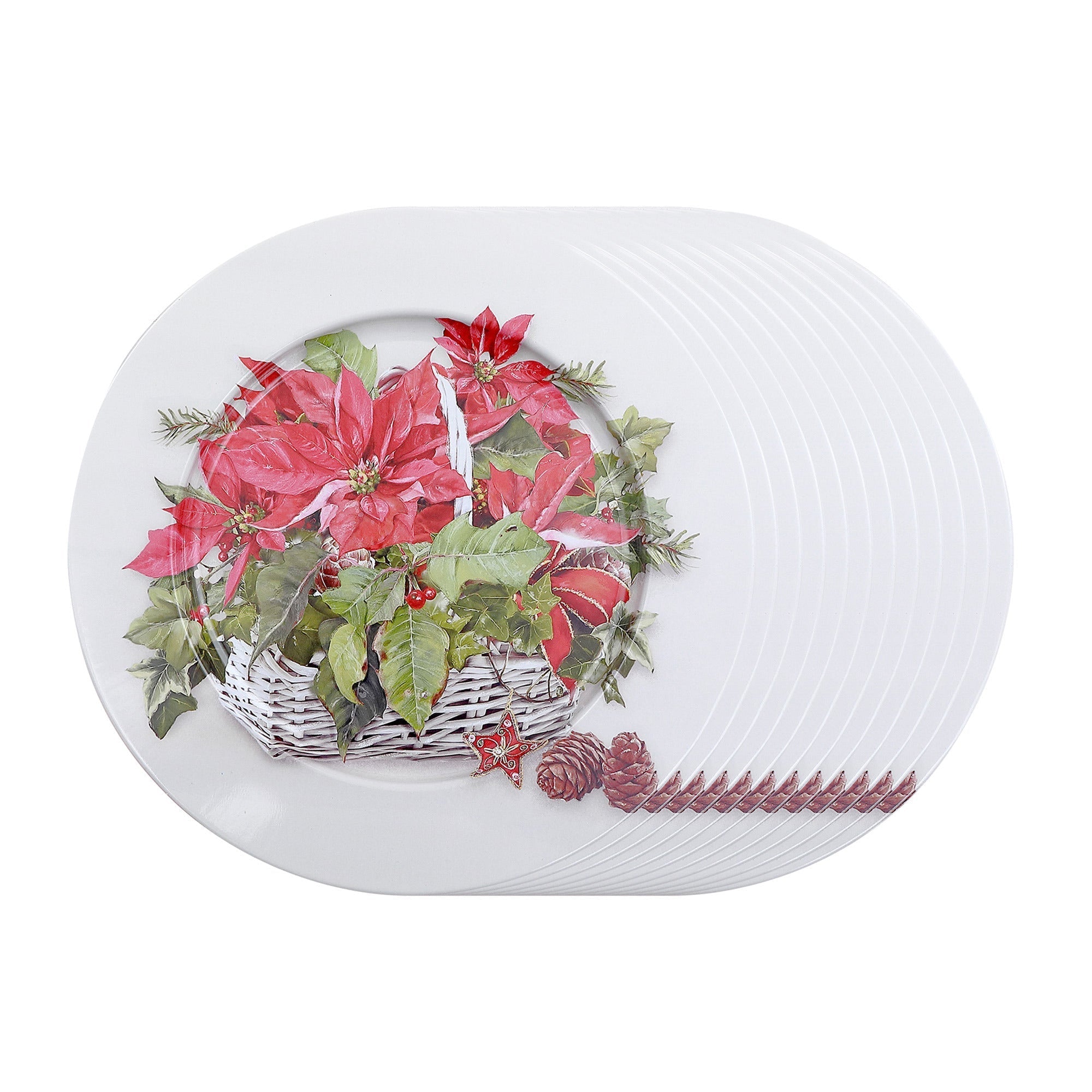 Printed Metal Charger Plate Set of 12 Poinsettia 13" – Christmas Tableware, Holiday Dinner Plates