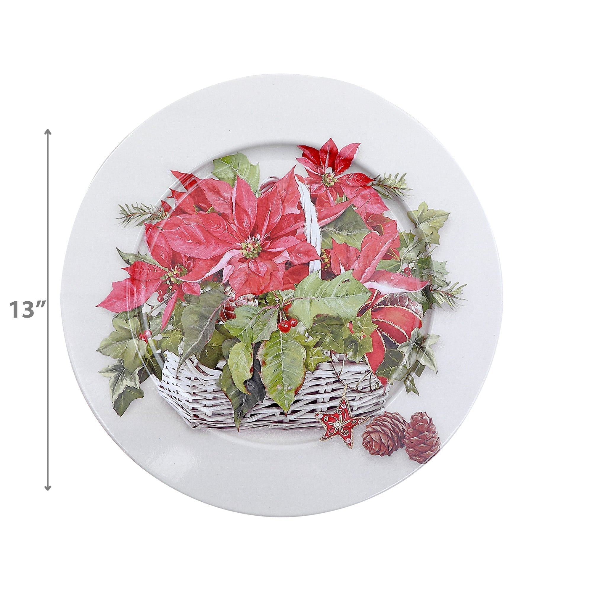 Printed Metal Charger Plate Set of 12 Poinsettia 13" – Christmas Tableware, Holiday Dinner Plates
