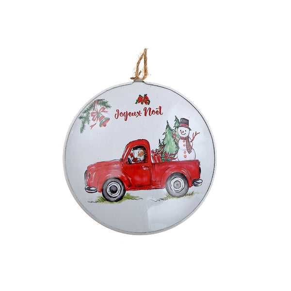 Flat Tin Ornament (Snowman On Truck - Joyeux Noel) - Set of 5
