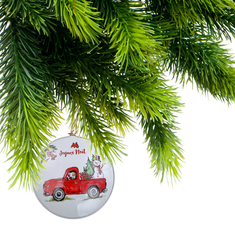 Flat Tin Ornament (Snowman On Truck - Joyeux Noel) - Set of 5