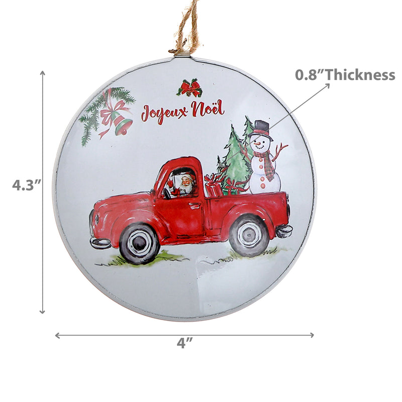 Flat Tin Ornament (Snowman On Truck - Joyeux Noel) - Set of 5