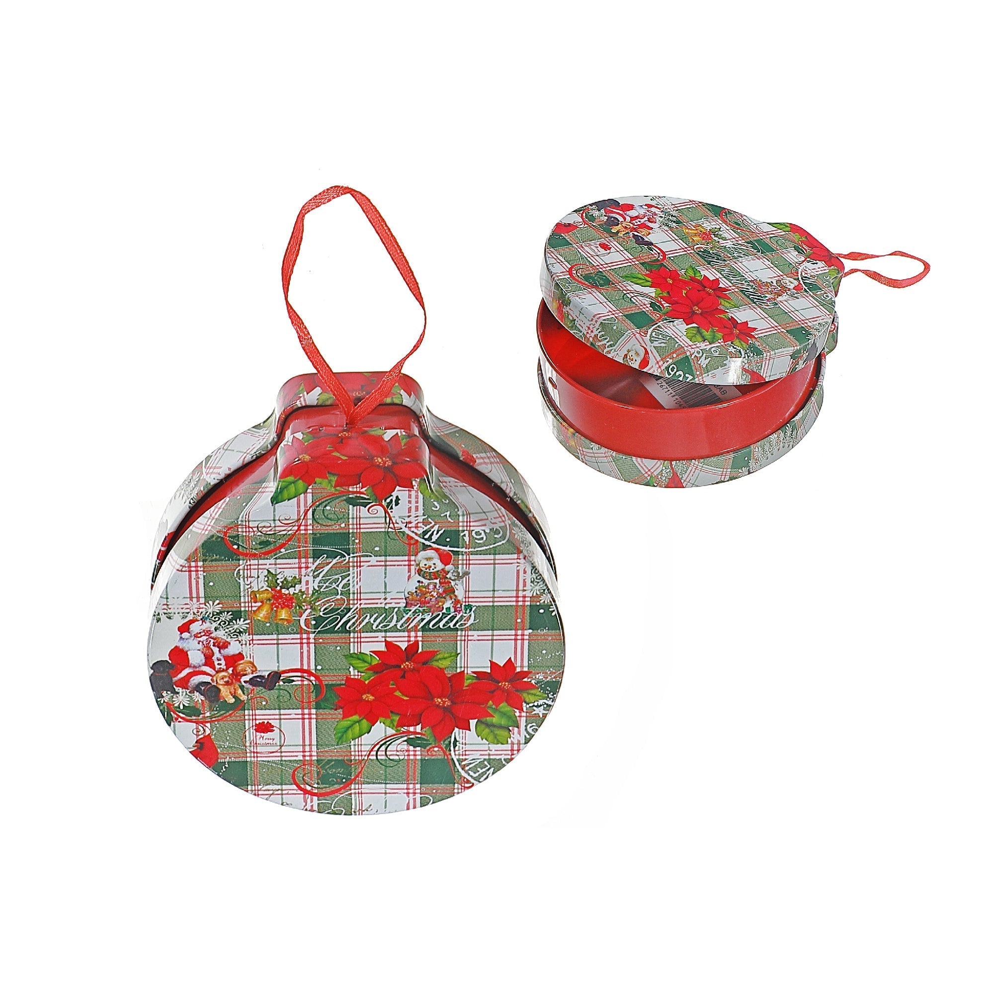 Tin Can Christmas Ornaments with Plaid and Poinsettia, Holiday Tree Decorations, Festive Hanging Ornaments, Set of 5