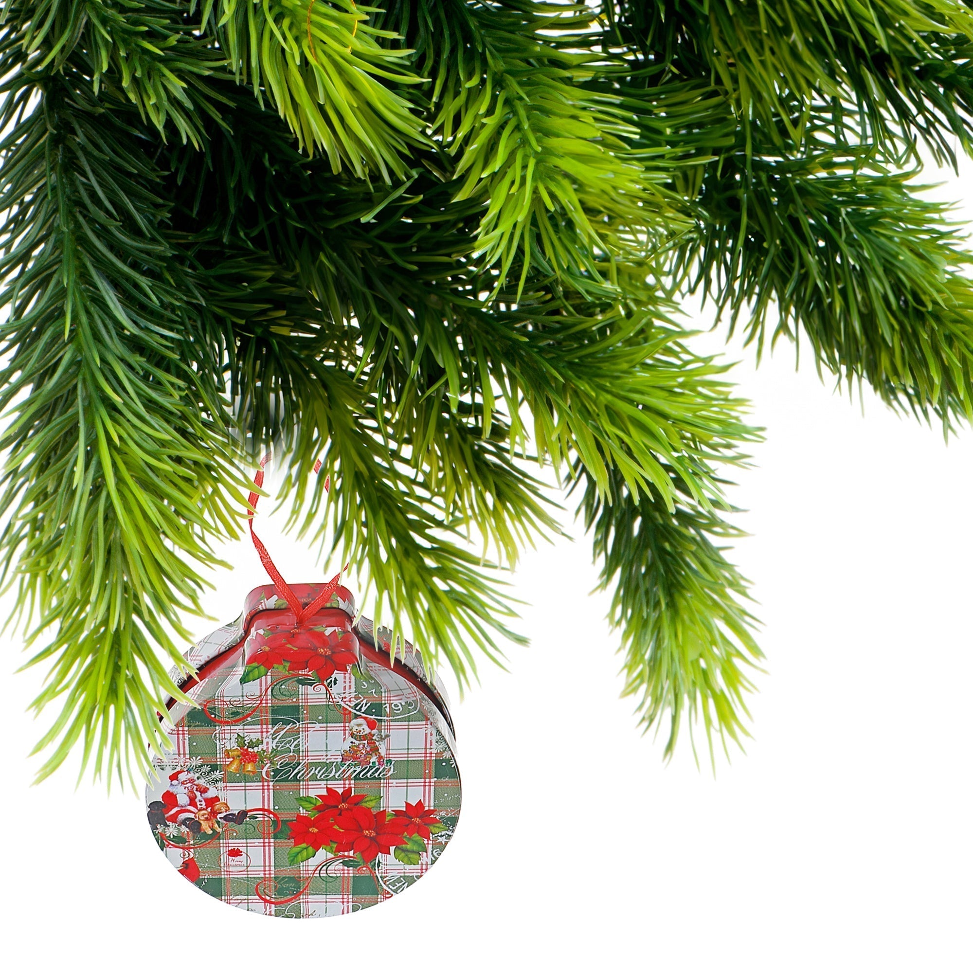 Tin Can Christmas Ornaments with Plaid and Poinsettia, Holiday Tree Decorations, Festive Hanging Ornaments, Set of 5