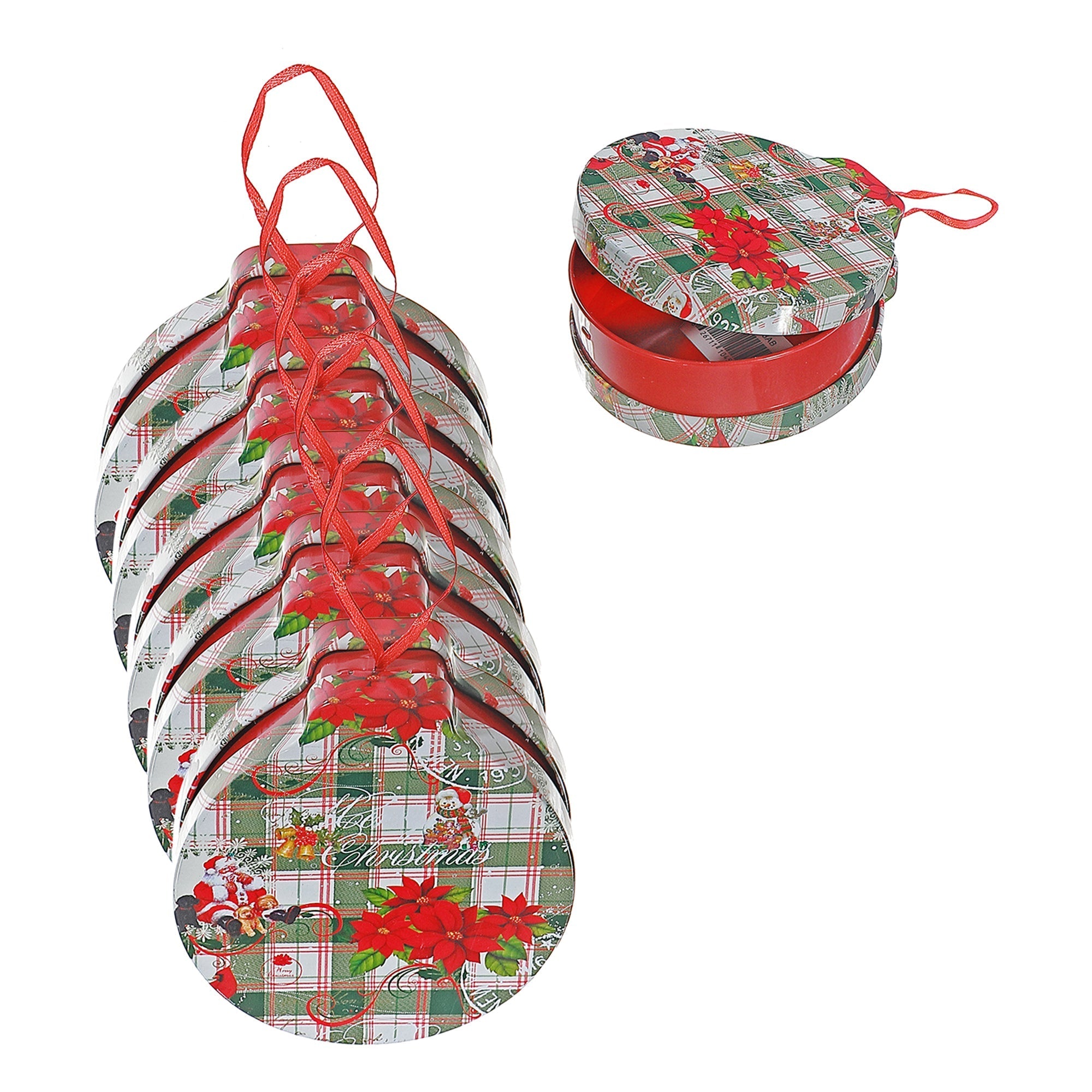 Tin Can Christmas Ornaments with Plaid and Poinsettia, Holiday Tree Decorations, Festive Hanging Ornaments, Set of 5