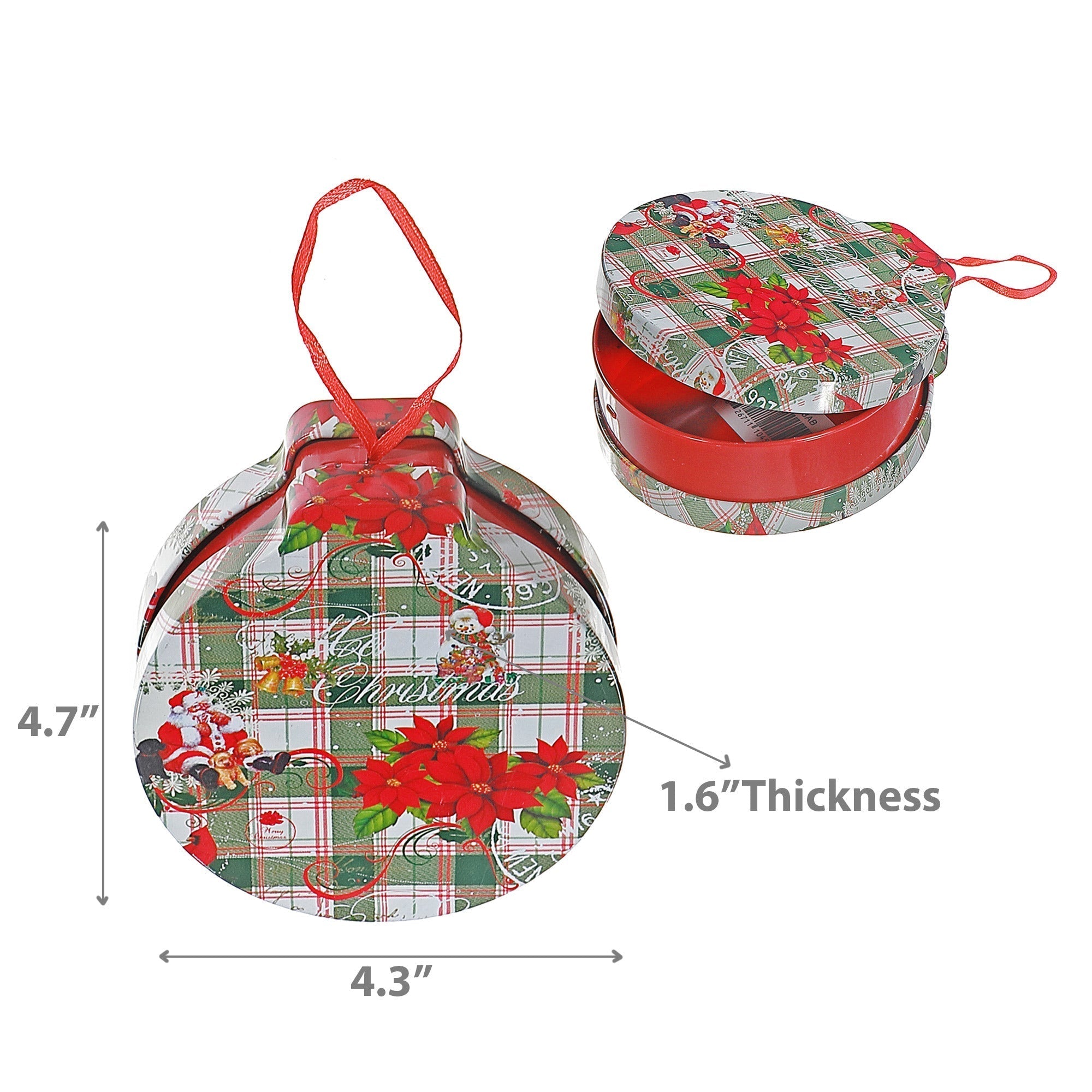 Tin Can Christmas Ornaments with Plaid and Poinsettia, Holiday Tree Decorations, Festive Hanging Ornaments, Set of 5