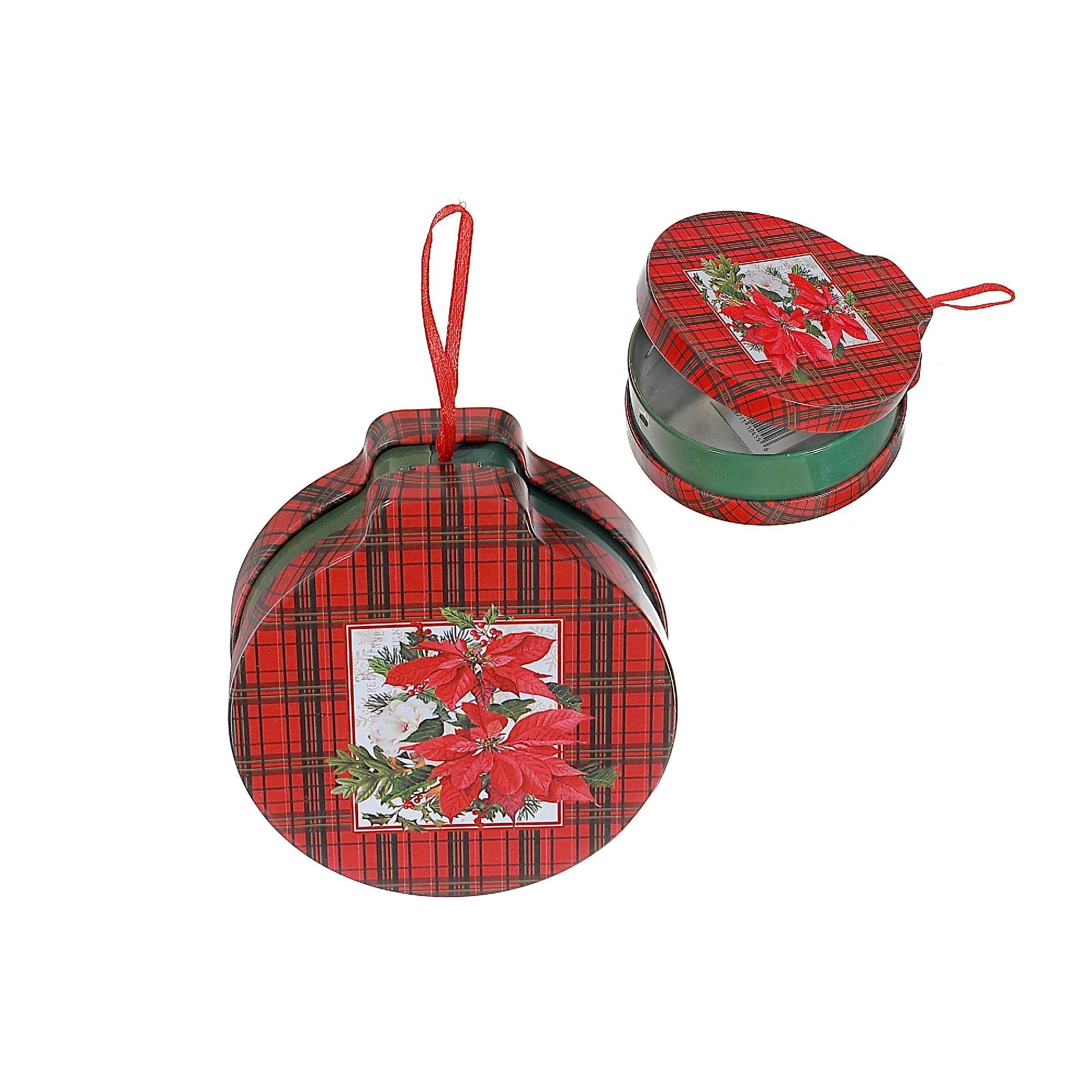 Tin Can Christmas Ornaments with Red Plaid and Poinsettia, Holiday Tree Decorations, Festive Hanging Ornaments, Set of 5