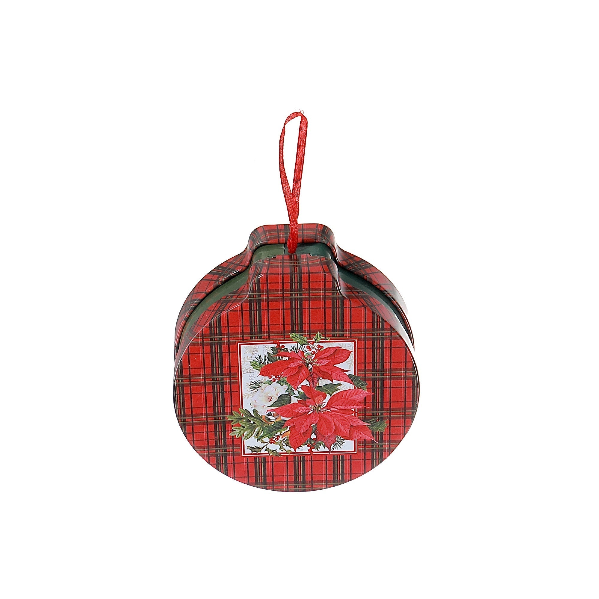 Tin Can Christmas Ornaments with Red Plaid and Poinsettia, Holiday Tree Decorations, Festive Hanging Ornaments, Set of 5