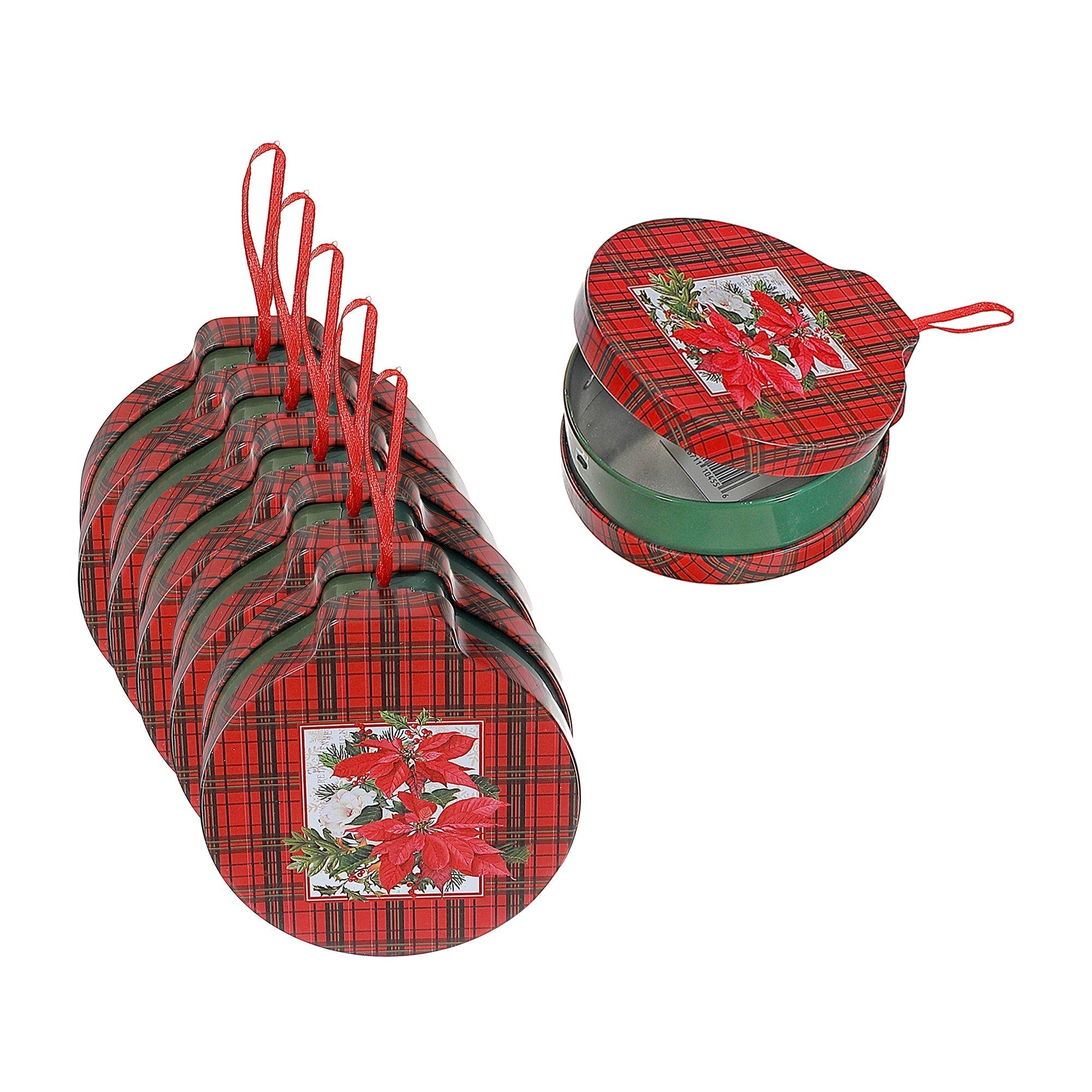 Tin Can Christmas Ornaments with Red Plaid and Poinsettia, Holiday Tree Decorations, Festive Hanging Ornaments, Set of 5