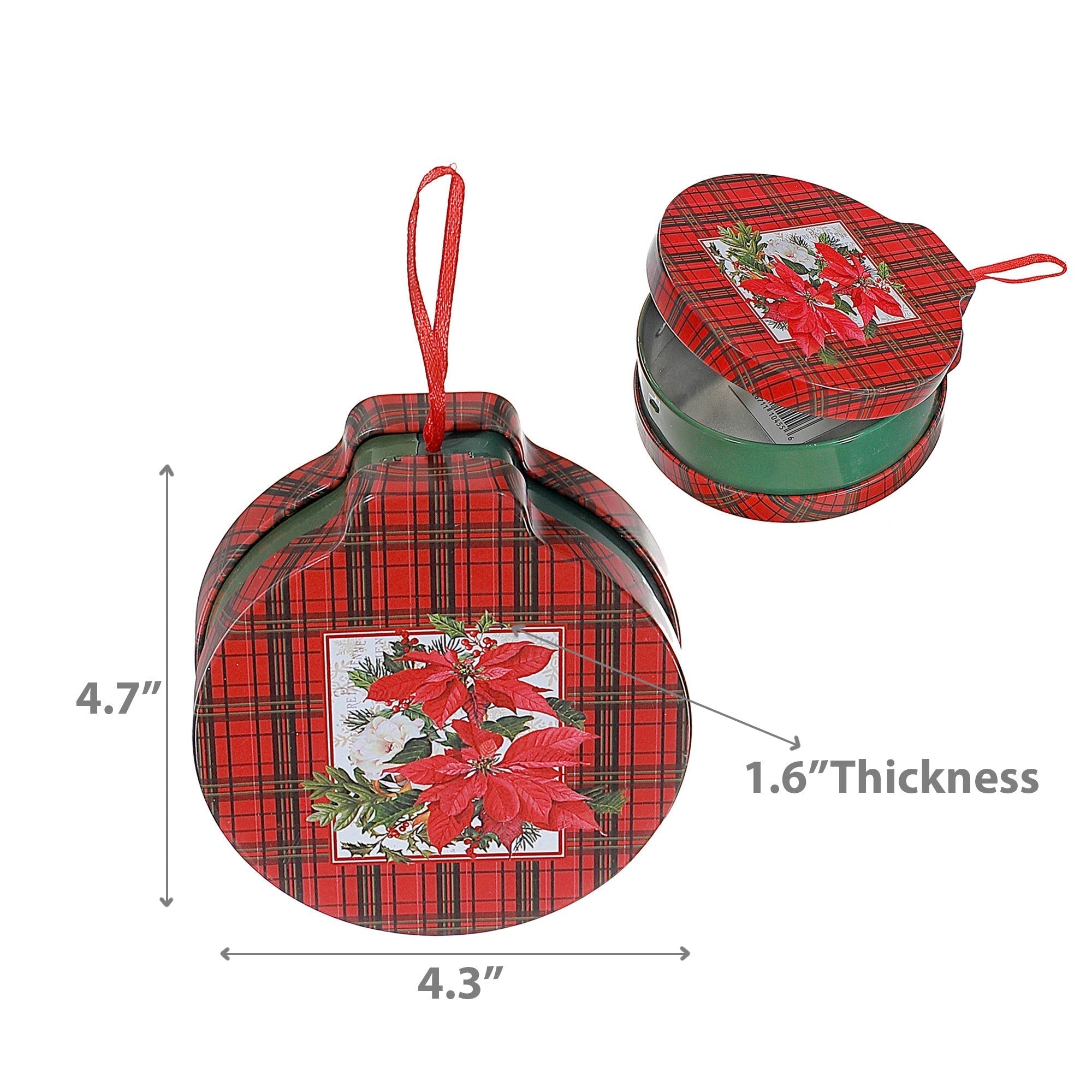 Tin Can Christmas Ornaments with Red Plaid and Poinsettia, Holiday Tree Decorations, Festive Hanging Ornaments, Set of 5