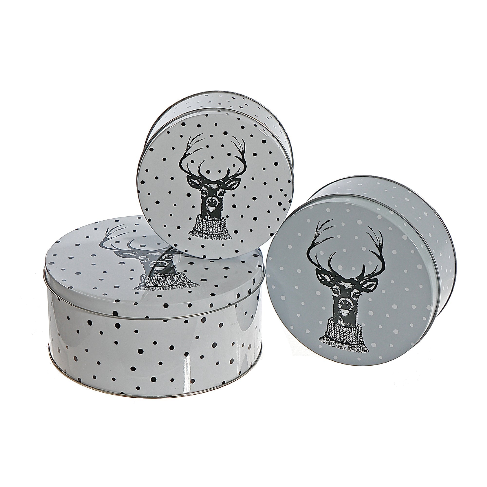 Nesting Round Tin Boxes 3-Piece Set Reindeer Head – Christmas Storage Decor, Holiday Organization, Festive Tabletop Accent