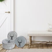 Nesting Round Tin Boxes 3-Piece Set Reindeer Head – Christmas Storage Decor, Holiday Organization, Festive Tabletop Accent