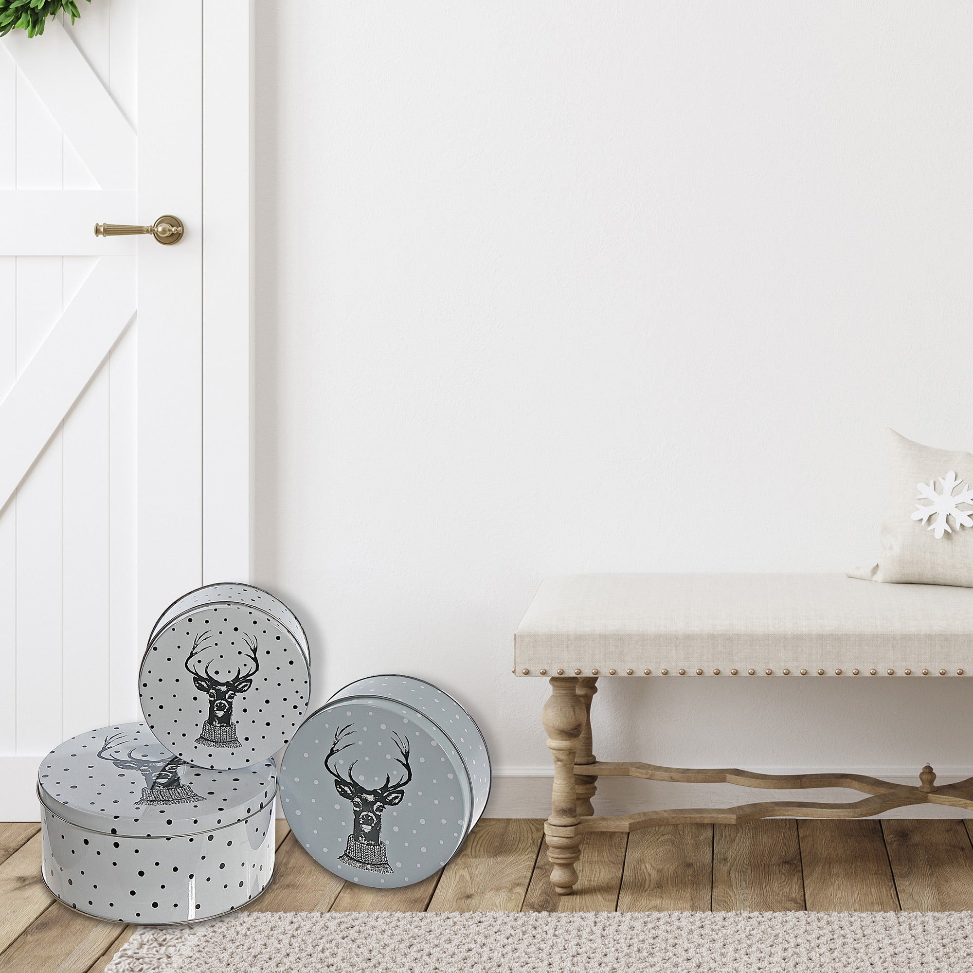 Nesting Round Tin Boxes 3-Piece Set Reindeer Head – Christmas Storage Decor, Holiday Organization, Festive Tabletop Accent