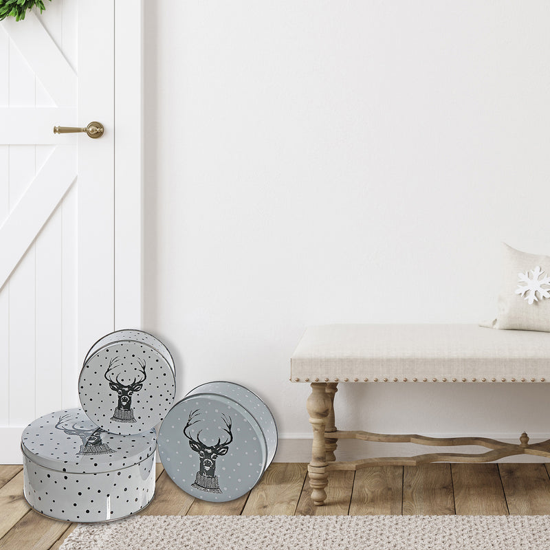 Nesting Round Tin Boxes (3Pc Set) (Reindeer Head)