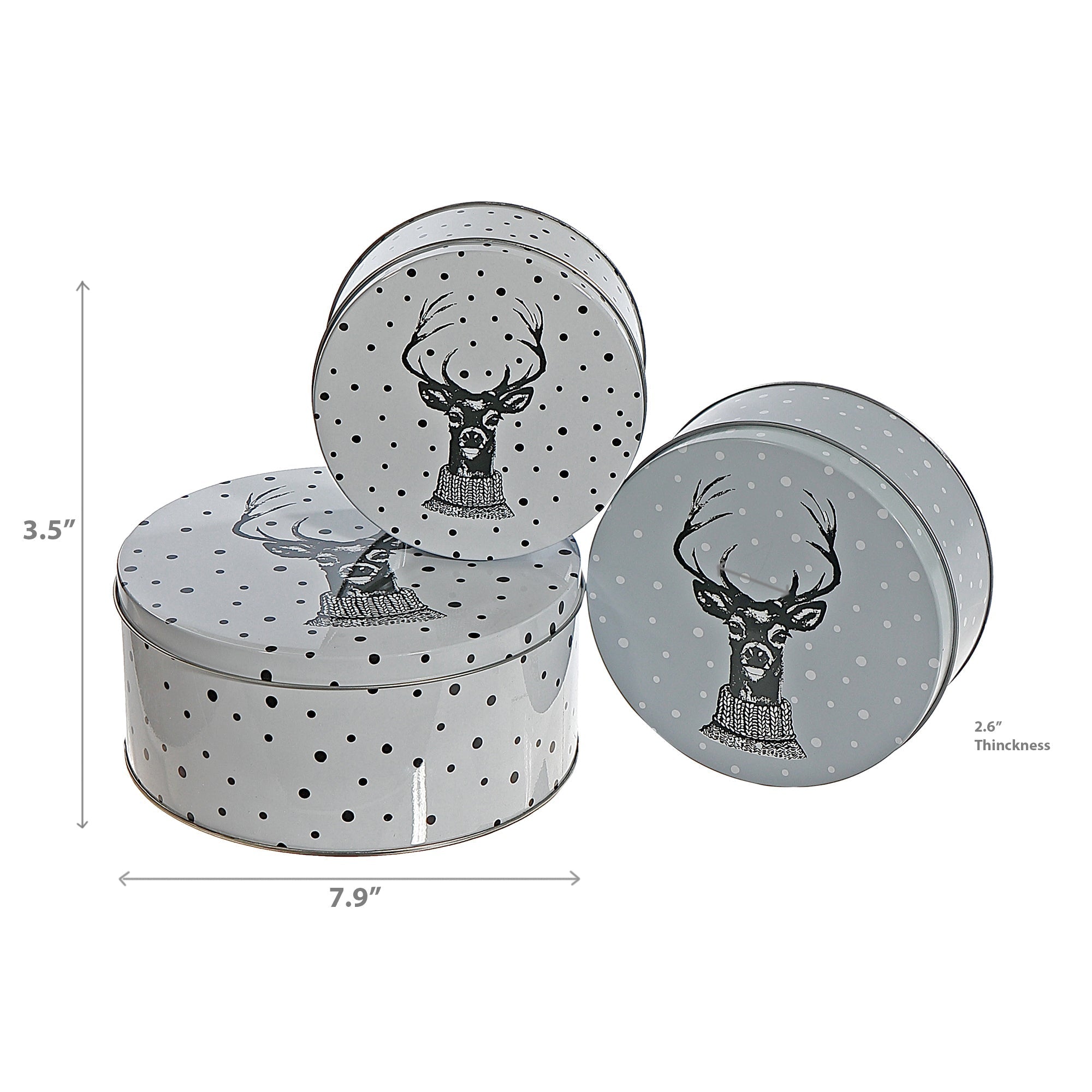 Nesting Round Tin Boxes 3-Piece Set Reindeer Head – Christmas Storage Decor, Holiday Organization, Festive Tabletop Accent