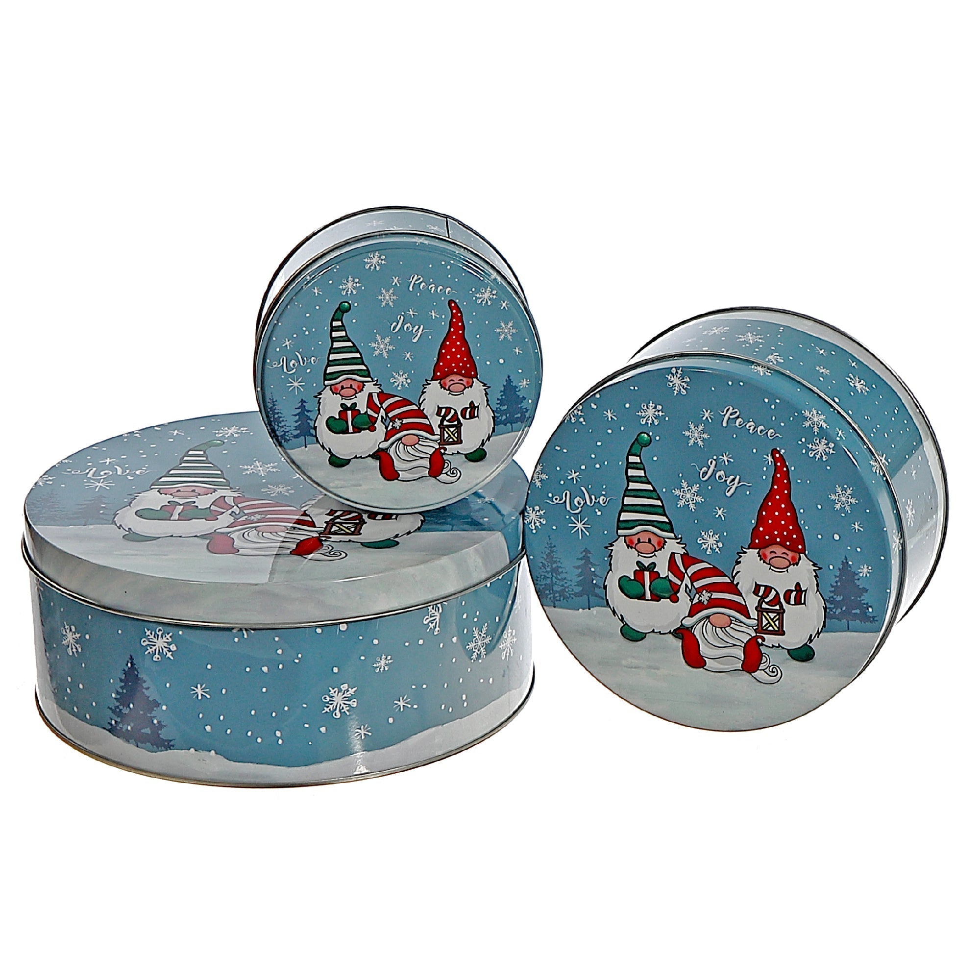 Nesting Round Tin Boxes 3-Piece Set Elves – Christmas Storage Decor, Holiday Organization, Festive Tabletop Accent
